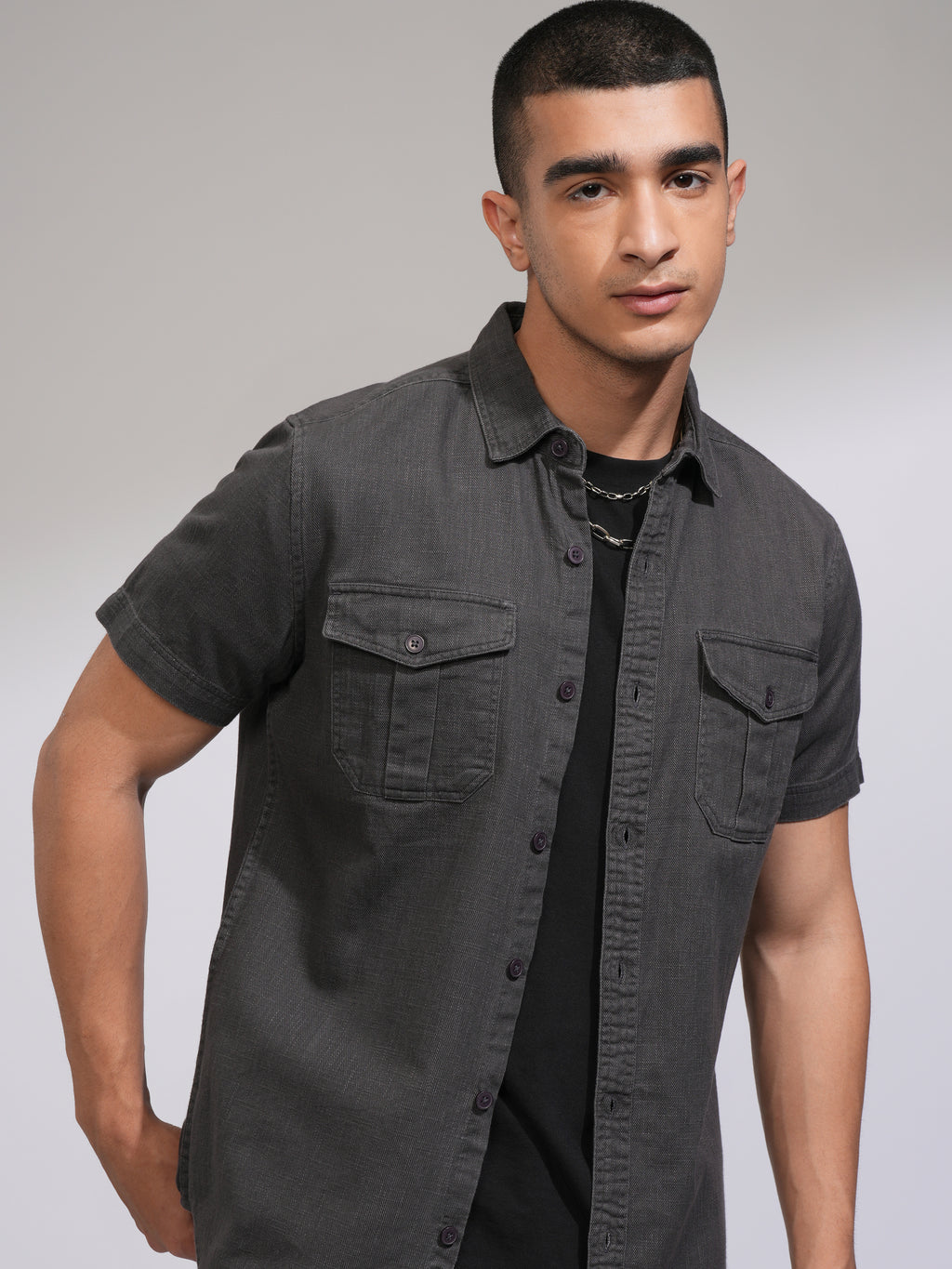 Highlander Men Grey Solid Slim Fit Casual Shirt - Grey - Image 1