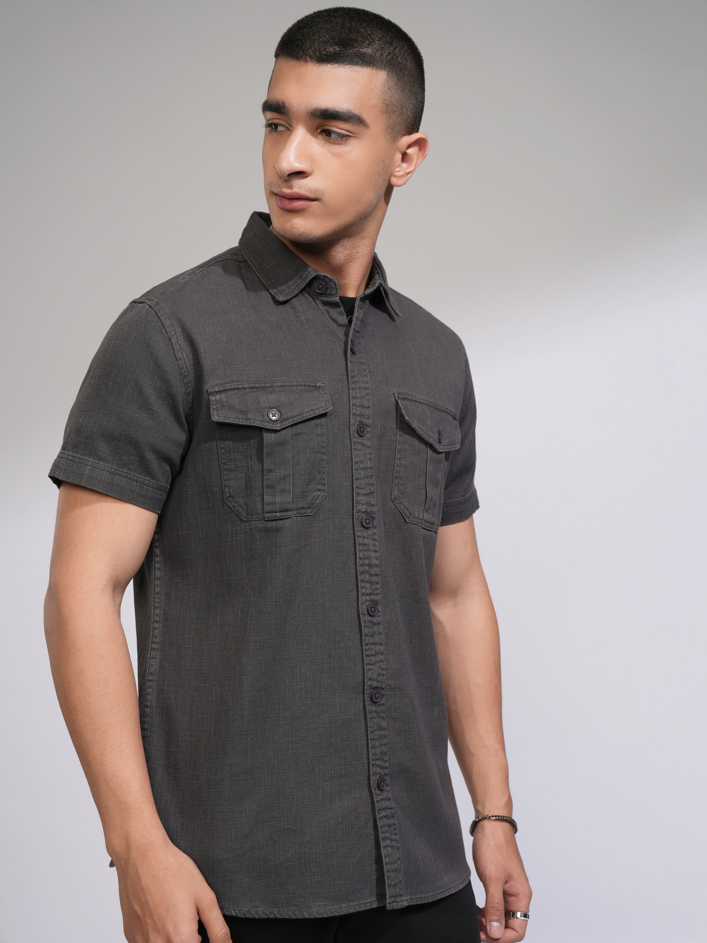 Highlander Men Grey Solid Slim Fit Casual Shirt - Grey - Image 6