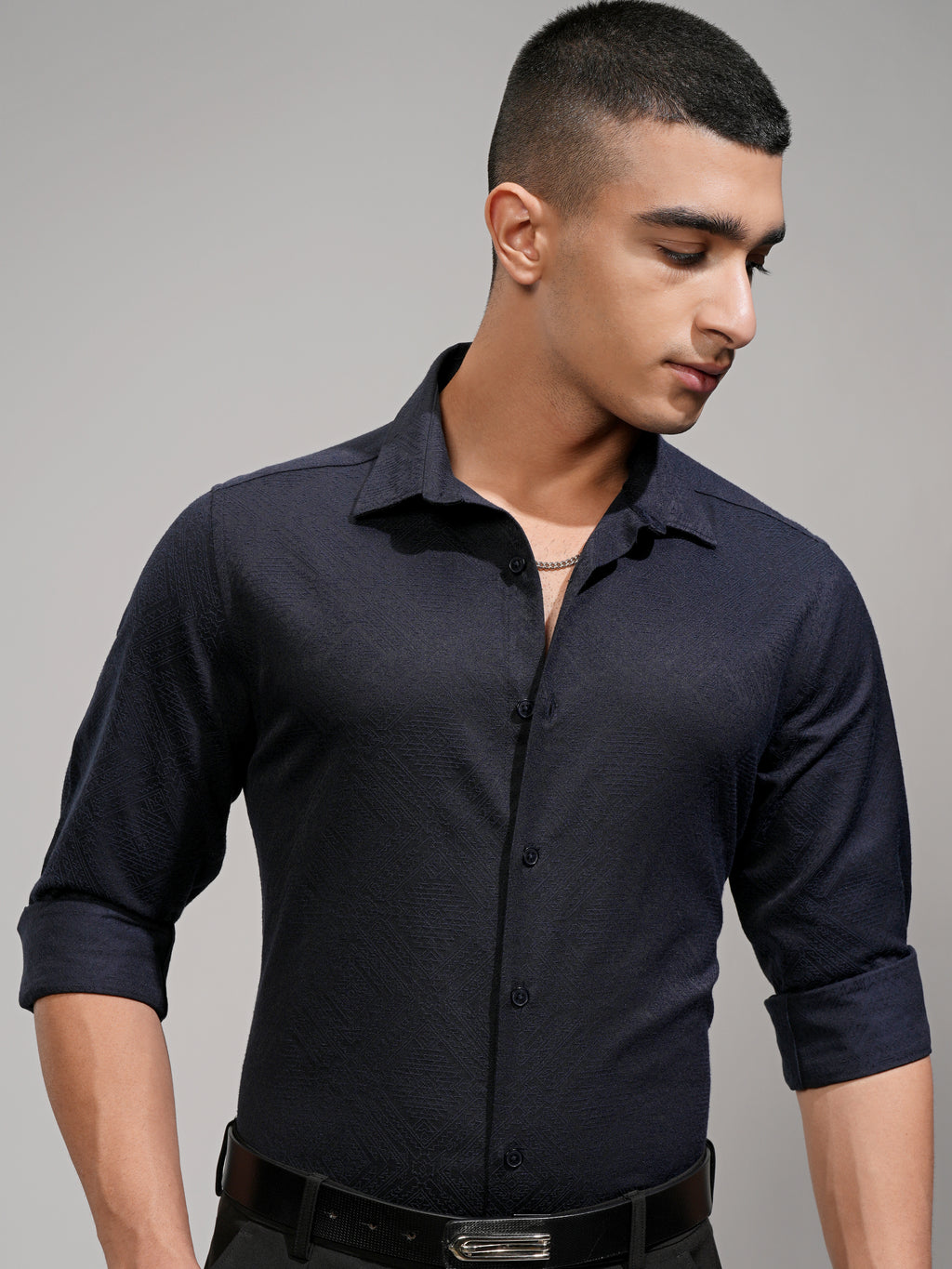 Highlander Men Navy Blue Self Design Slim Fit Casual Shirt - Navy Blue - Image 1