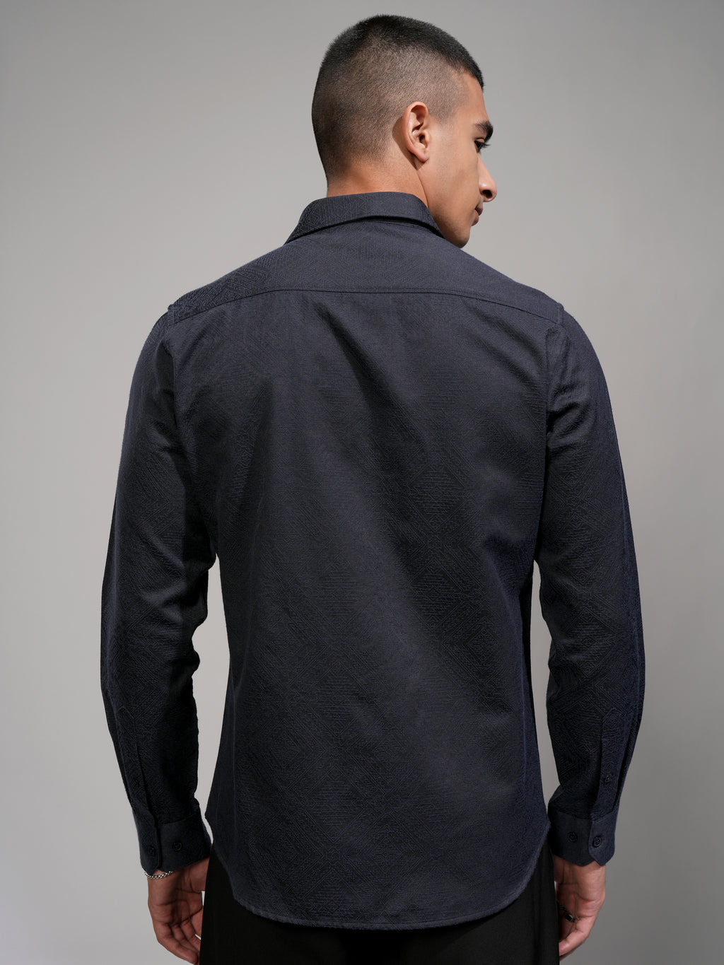 Highlander Men Navy Blue Self Design Slim Fit Casual Shirt - Navy Blue - Image 3