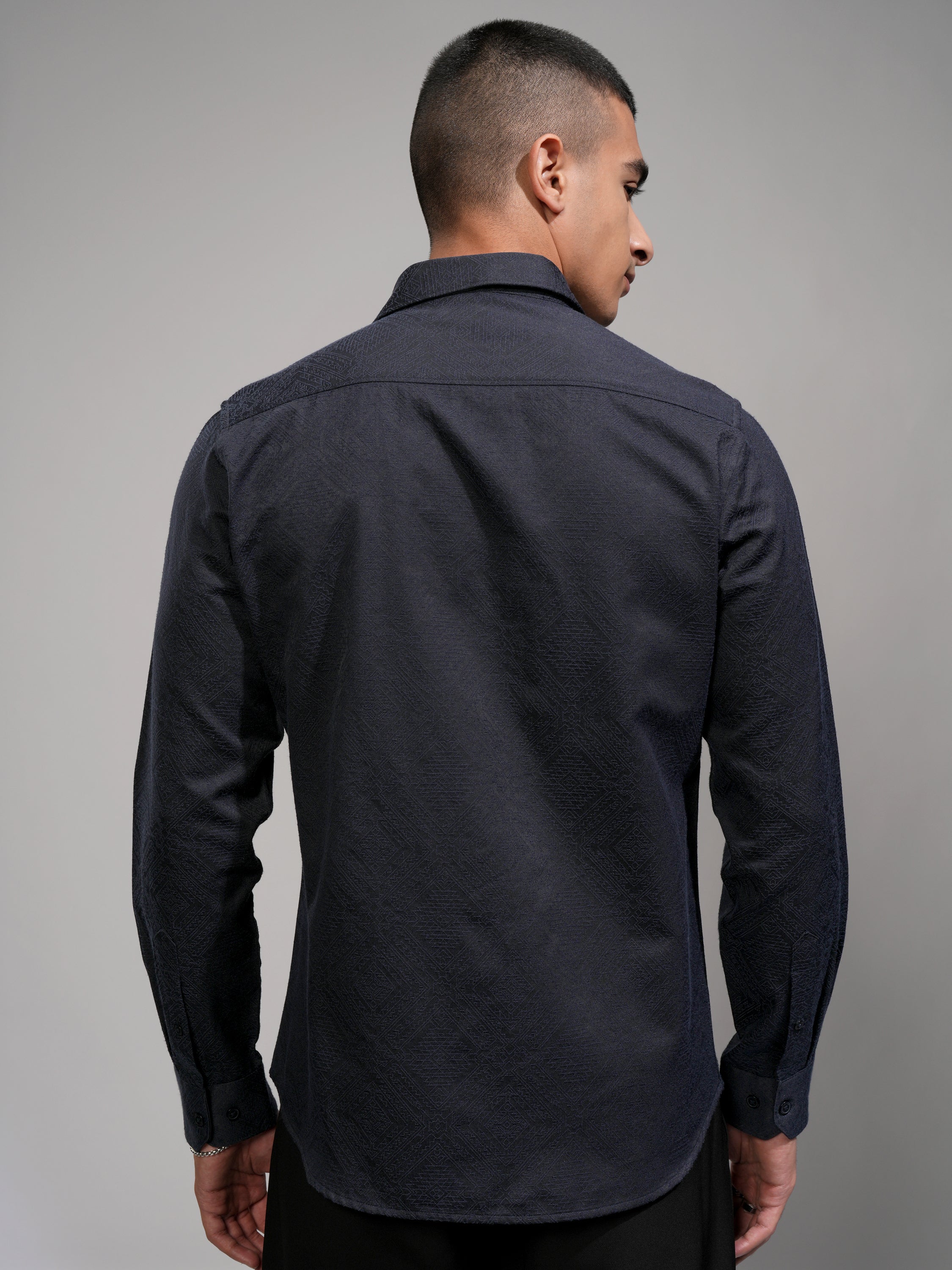 Highlander Men Navy Blue Self Design Slim Fit Casual Shirt - Navy Blue - Image 3