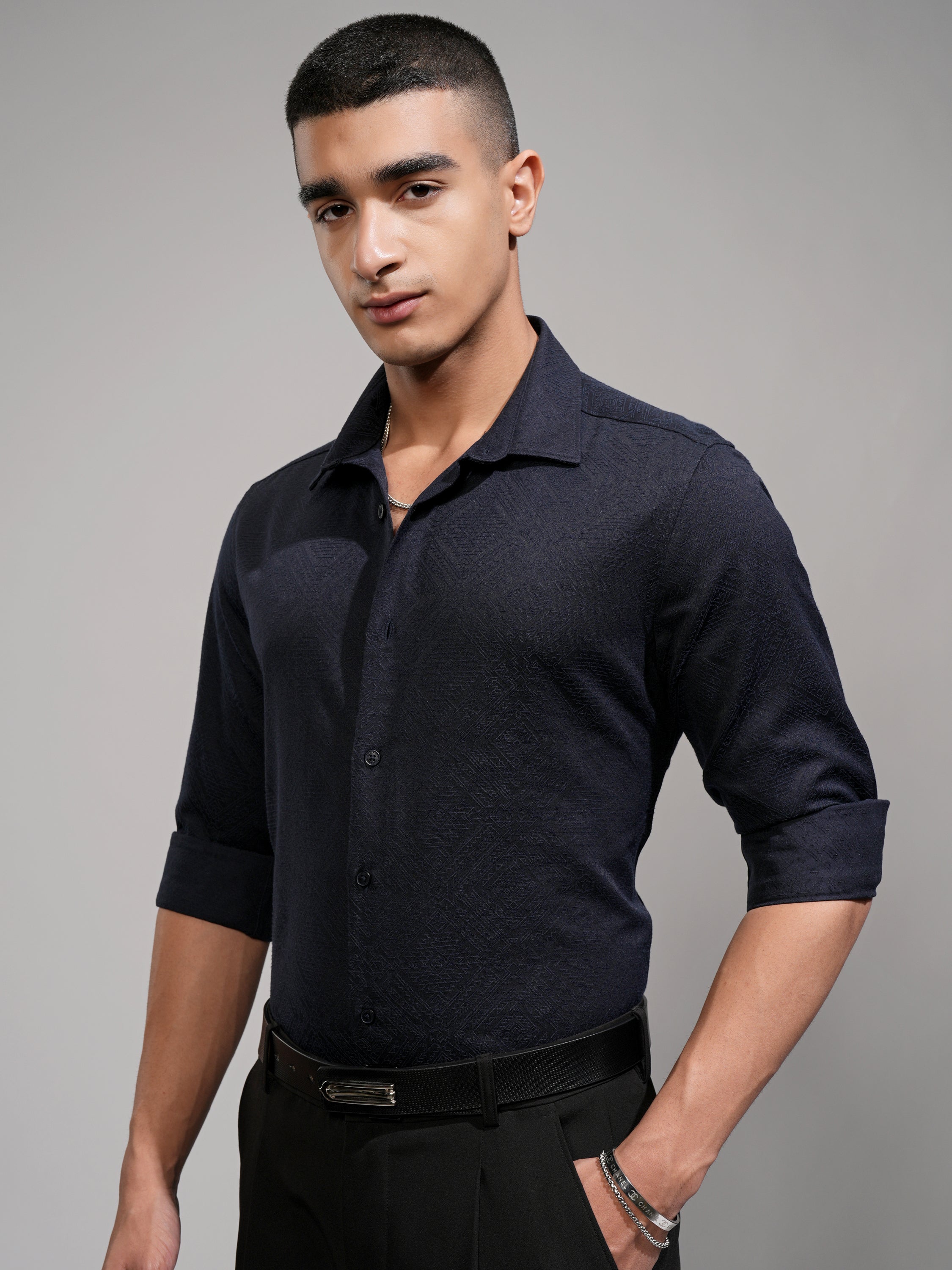 Highlander Men Navy Blue Self Design Slim Fit Casual Shirt - Navy Blue - Image 4