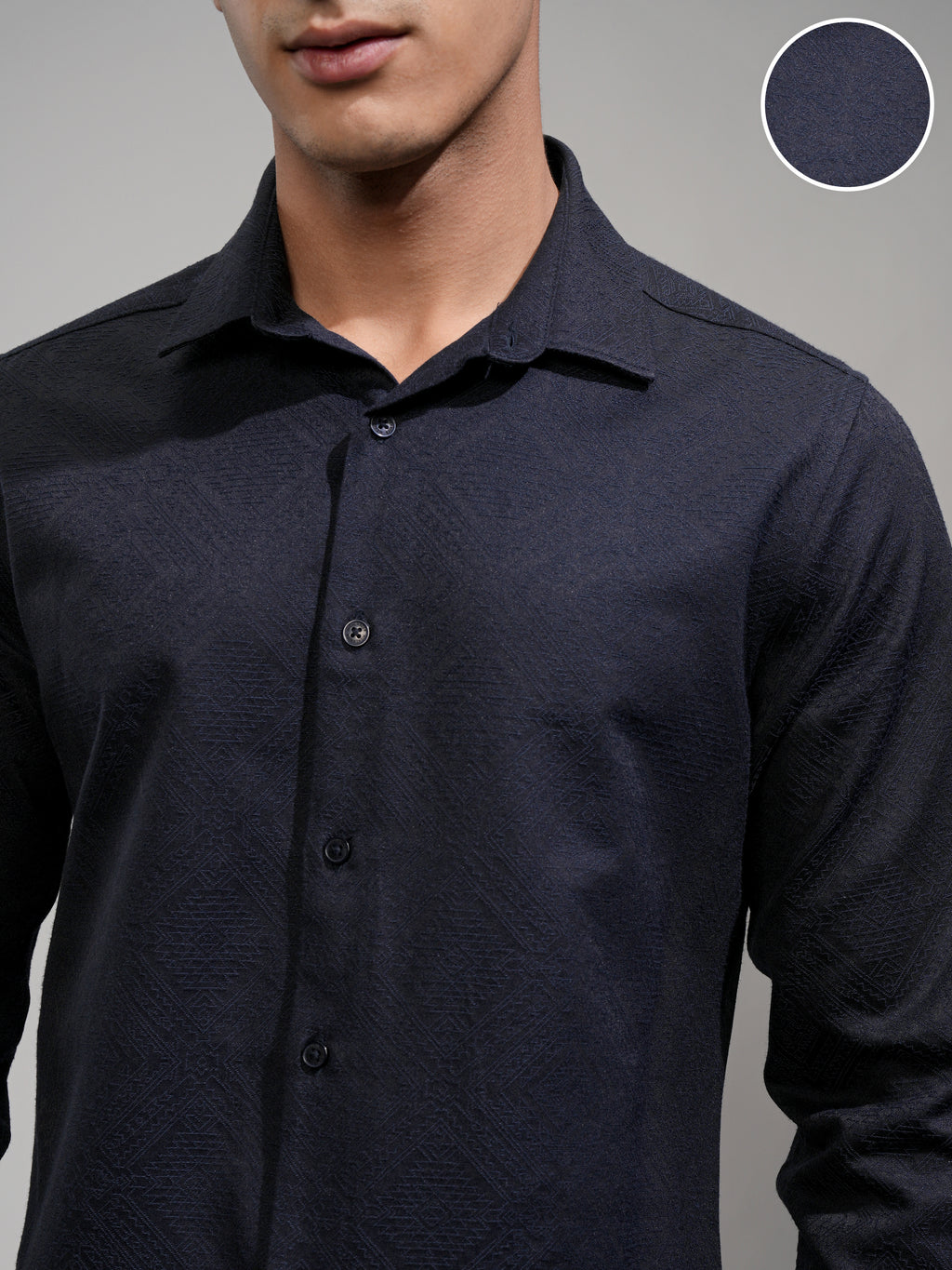 Highlander Men Navy Blue Self Design Slim Fit Casual Shirt - Navy Blue - Image 5