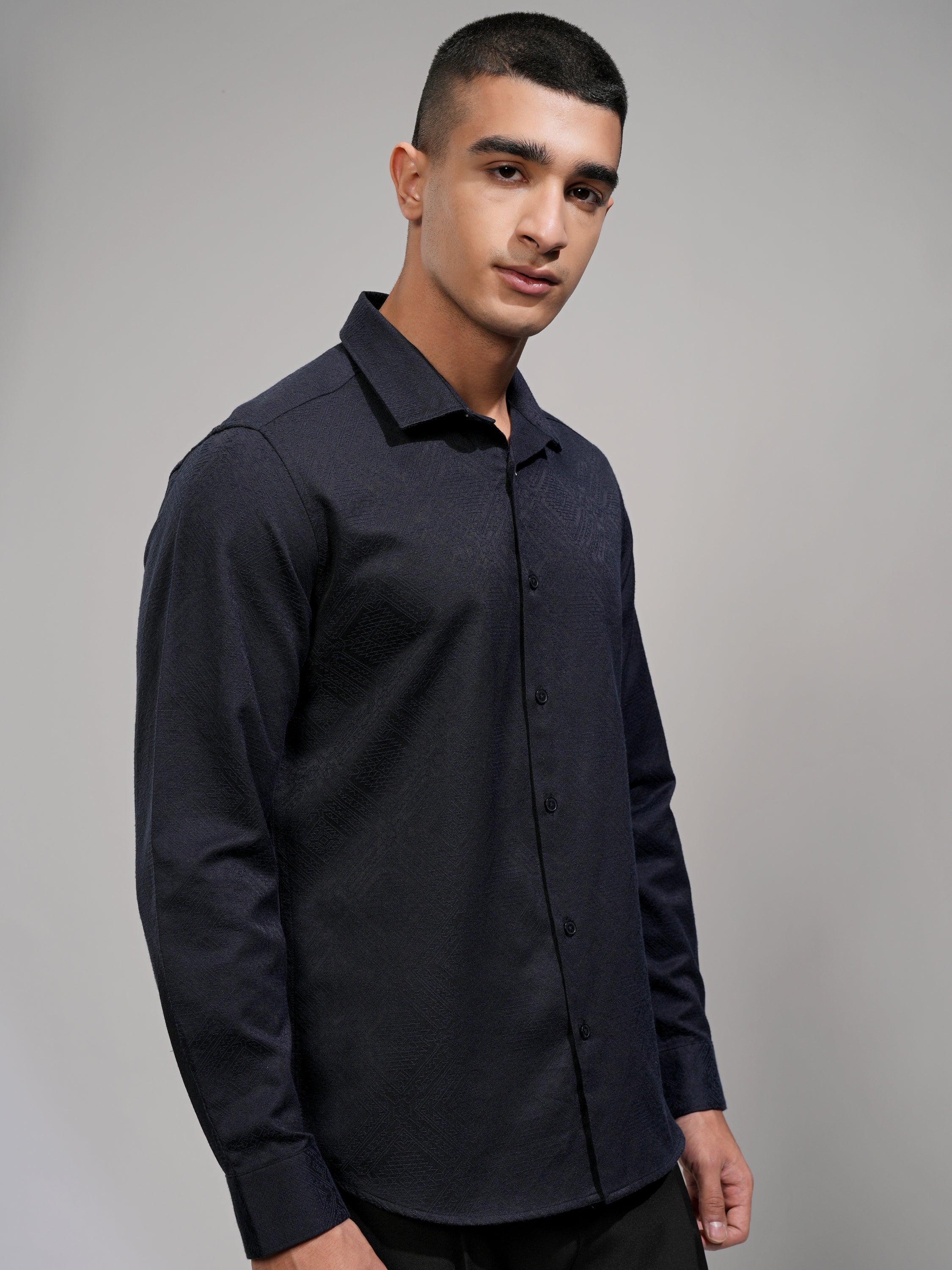 Highlander Men Navy Blue Self Design Slim Fit Casual Shirt - Navy Blue - Image 6