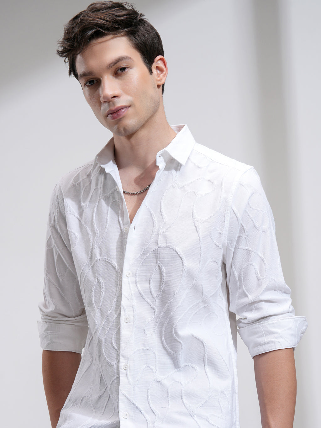 Highlander Men White Textured Slim Fit Casual Shirt - White - Image 1
