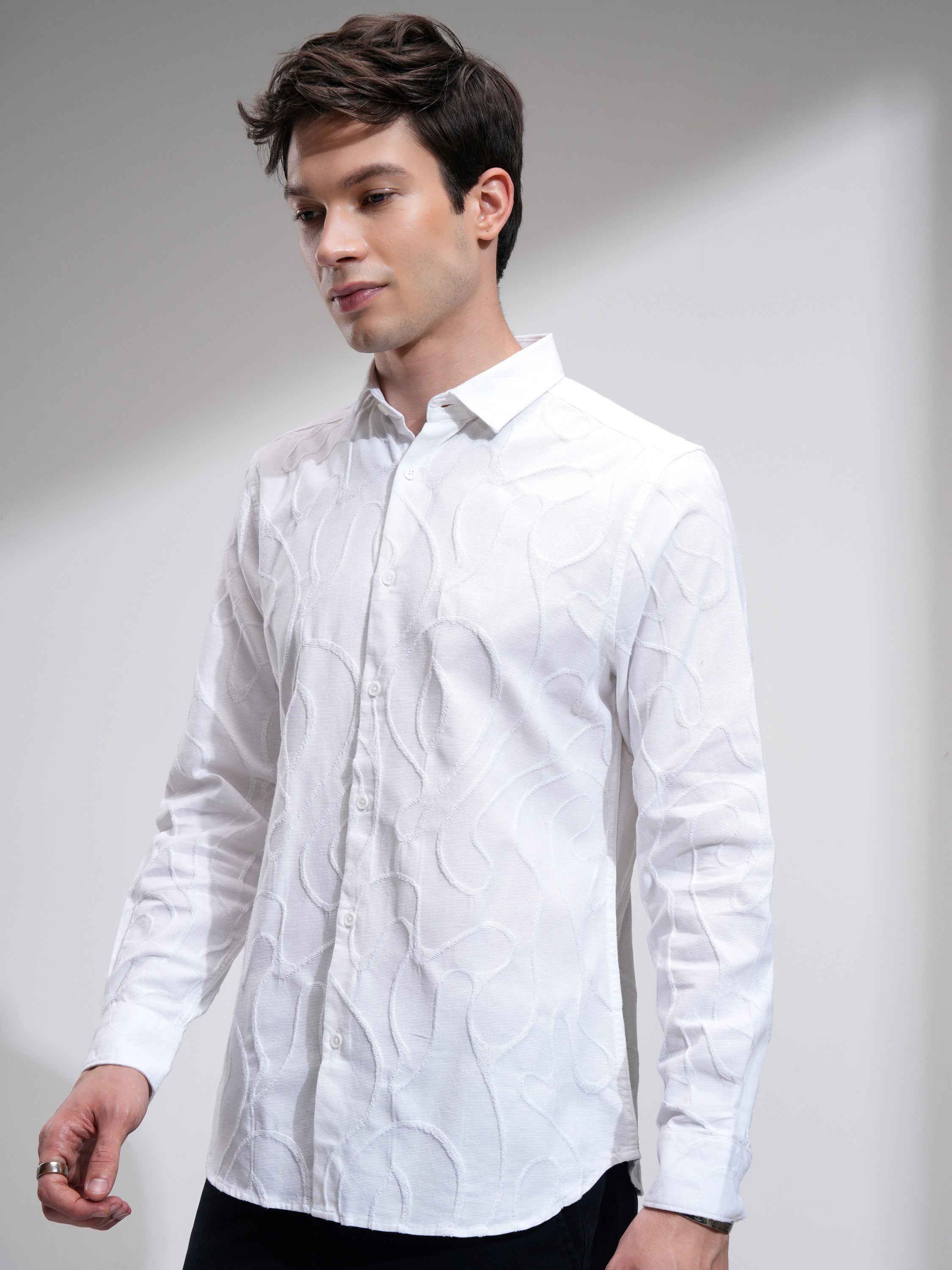 Highlander Men White Textured Slim Fit Casual Shirt - White - Image 4