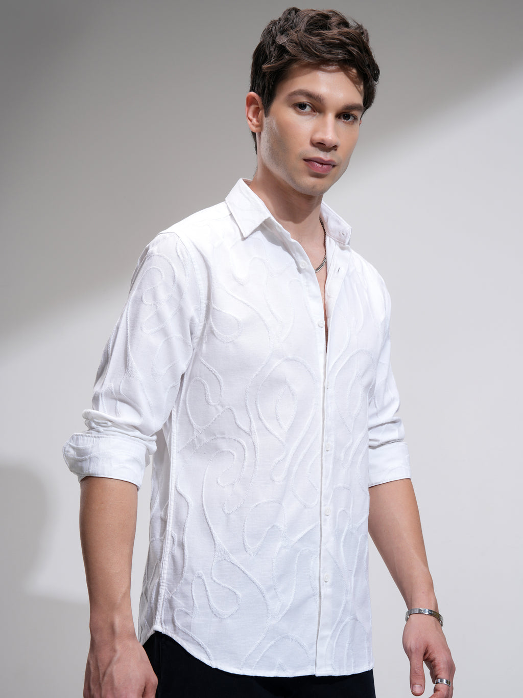 Highlander Men White Textured Slim Fit Casual Shirt - White - Image 6