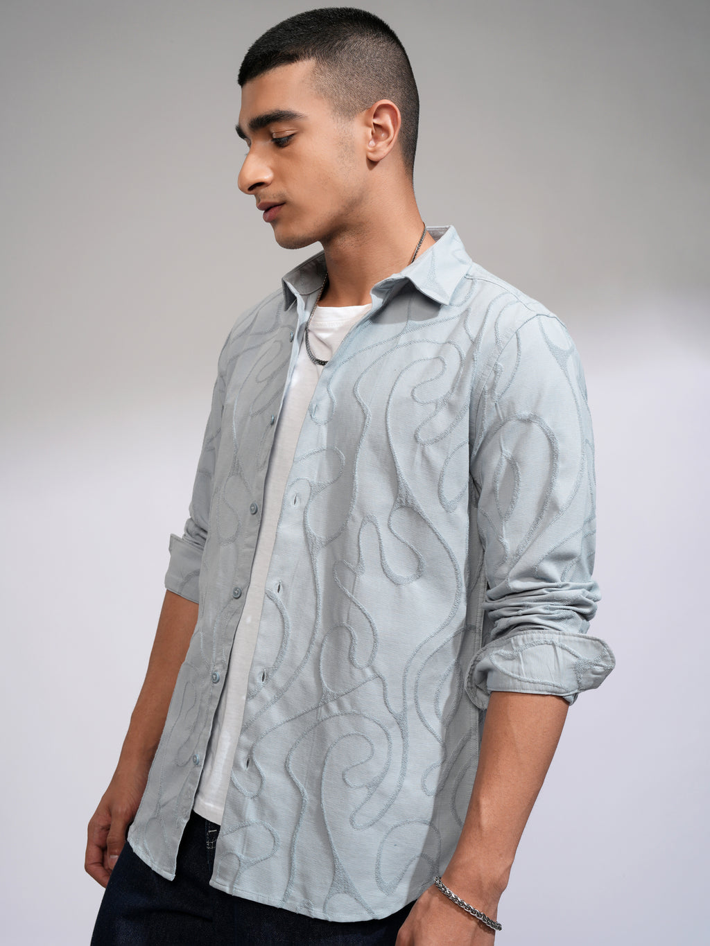 Highlander Men Blue Textured Slim Fit Casual Shirt - Blue - Image 4