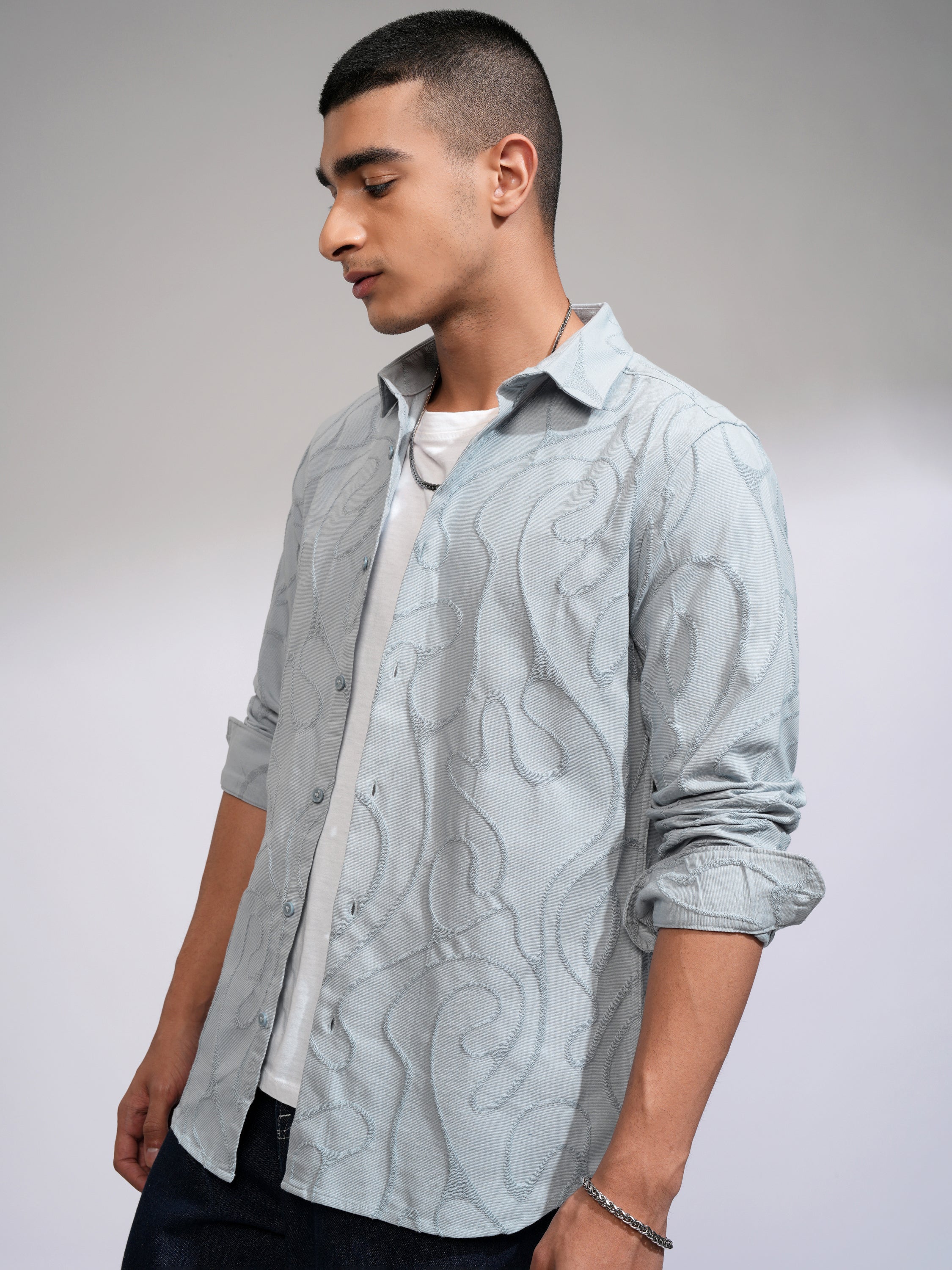 Highlander Men Blue Textured Slim Fit Casual Shirt - Blue - Image 4