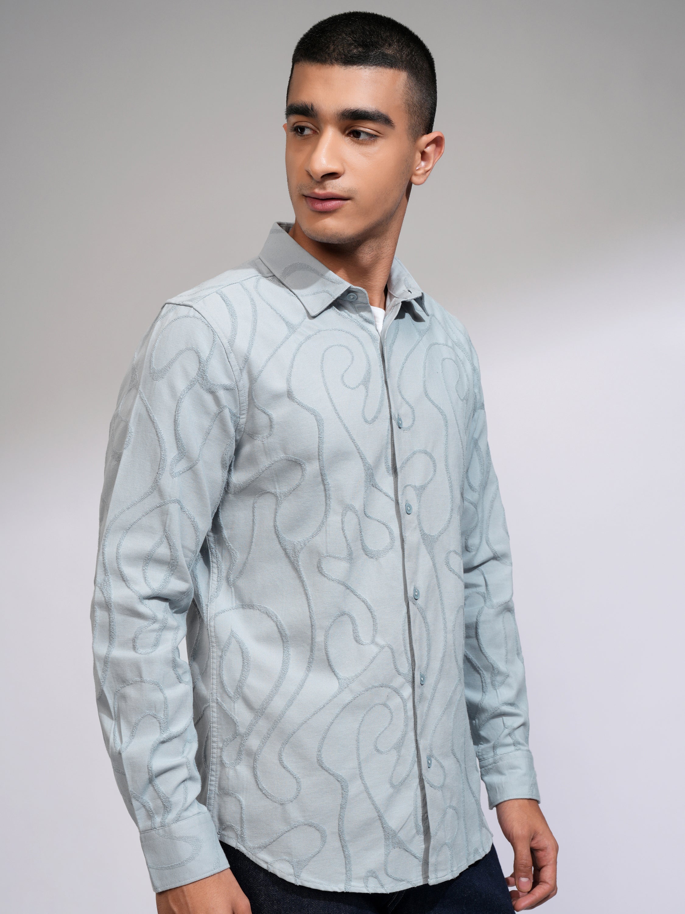 Highlander Men Blue Textured Slim Fit Casual Shirt - Blue - Image 6