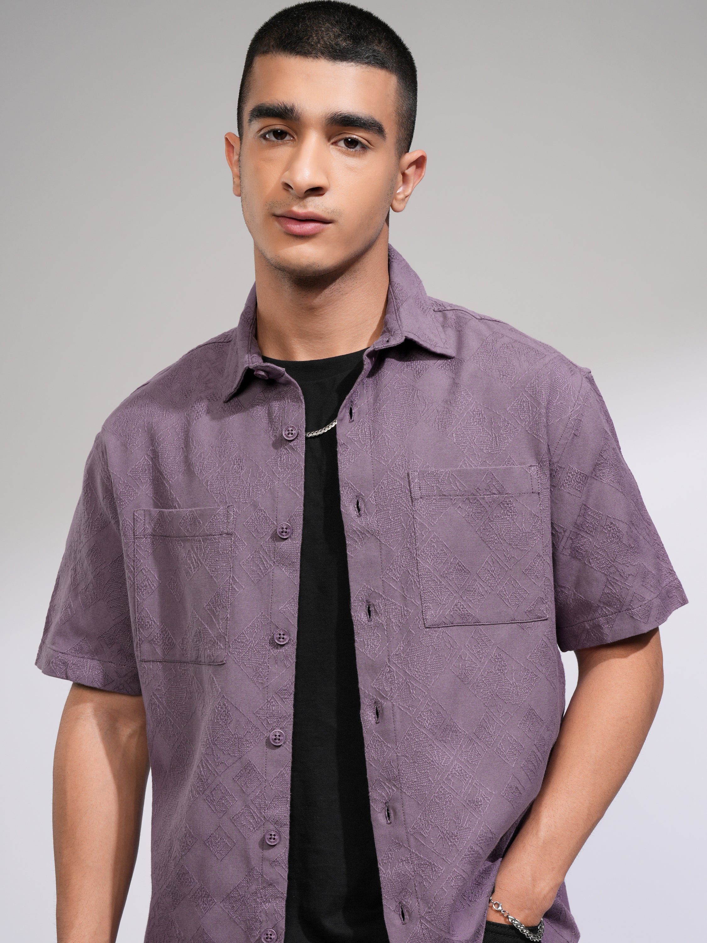 Highlander Men Purple Self Design Relaxed Fit Casual Shirt - Purple - Image 1