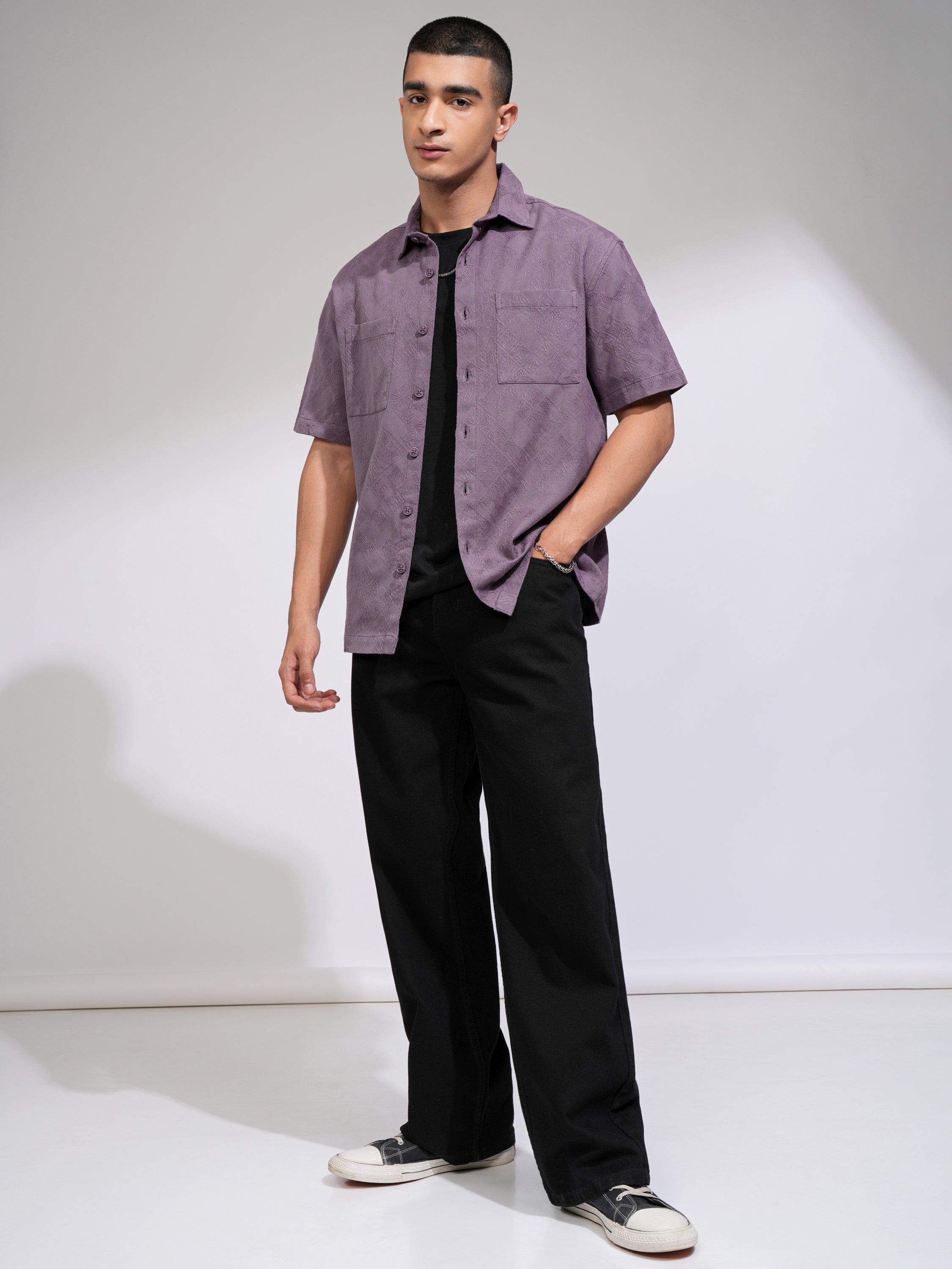 Highlander Men Purple Self Design Relaxed Fit Casual Shirt - Purple - Image 2