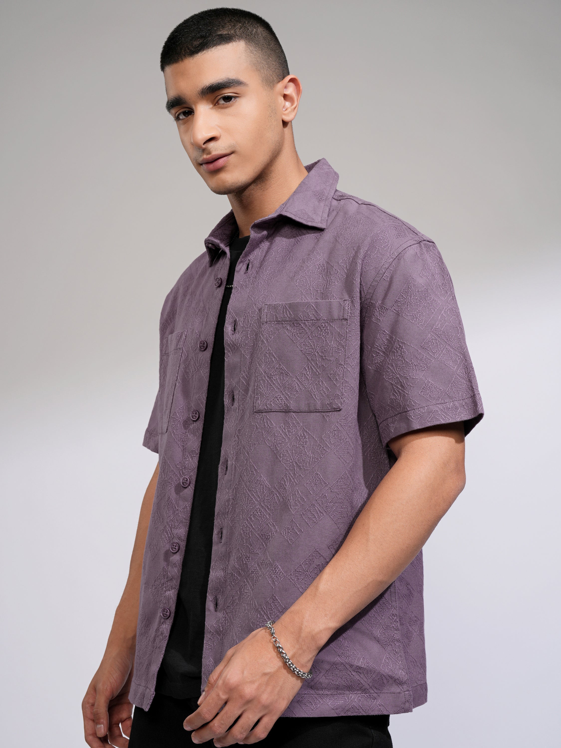 Highlander Men Purple Self Design Relaxed Fit Casual Shirt - Purple - Image 4