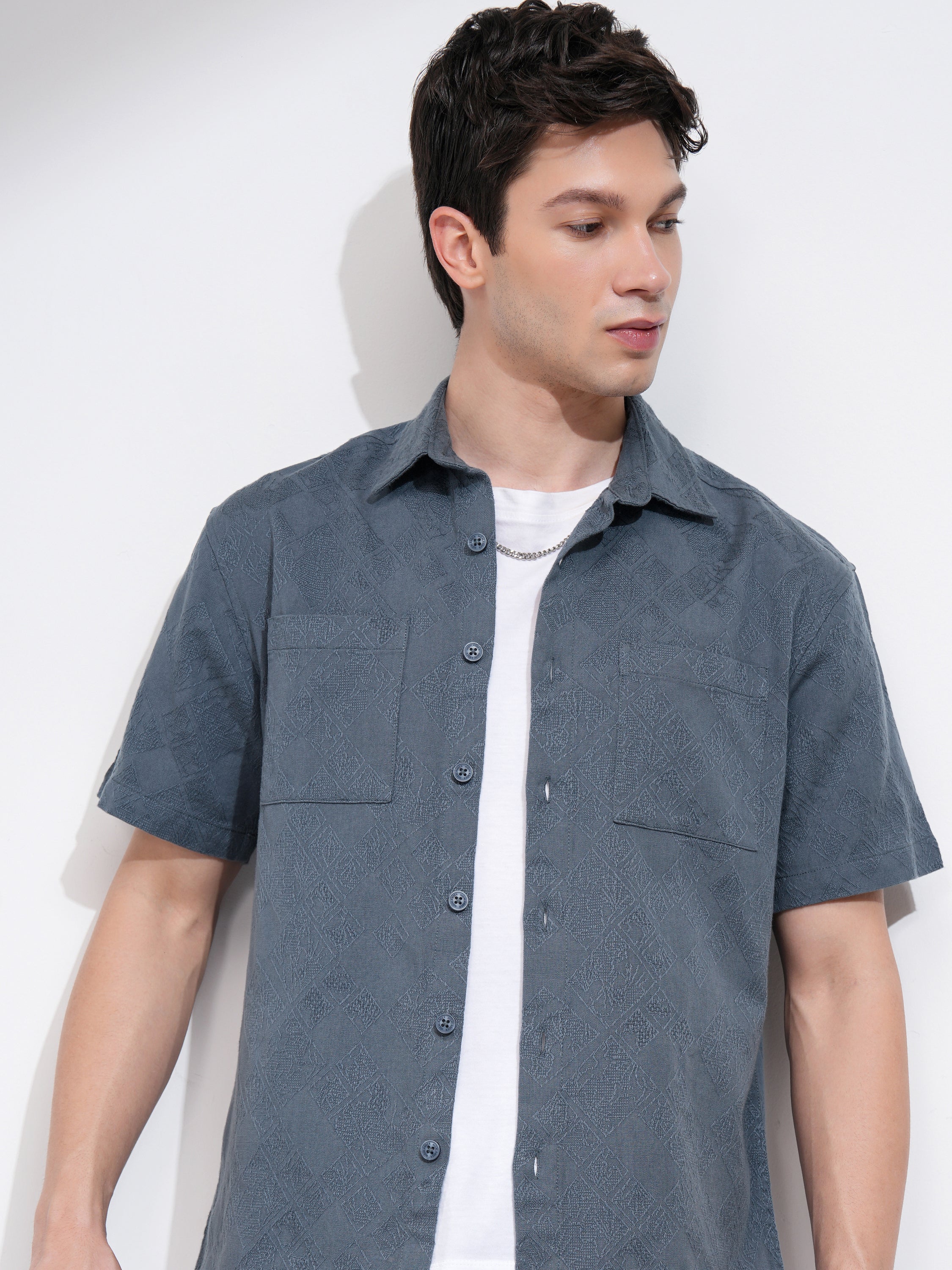 Highlander Men Blue Self Design Relaxed Fit Casual Shirt - Blue - Image 1