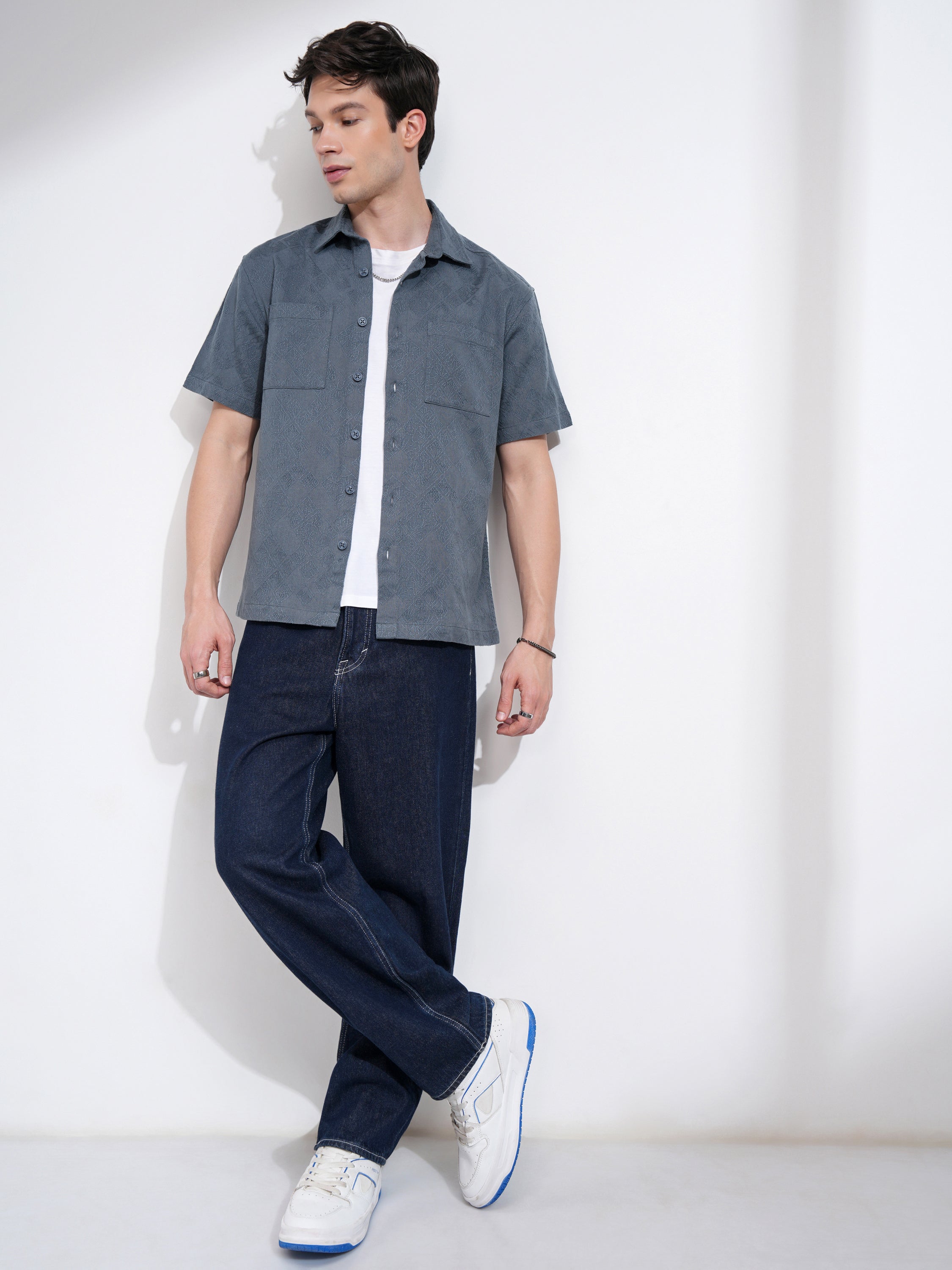 Highlander Men Blue Self Design Relaxed Fit Casual Shirt - Blue - Image 2