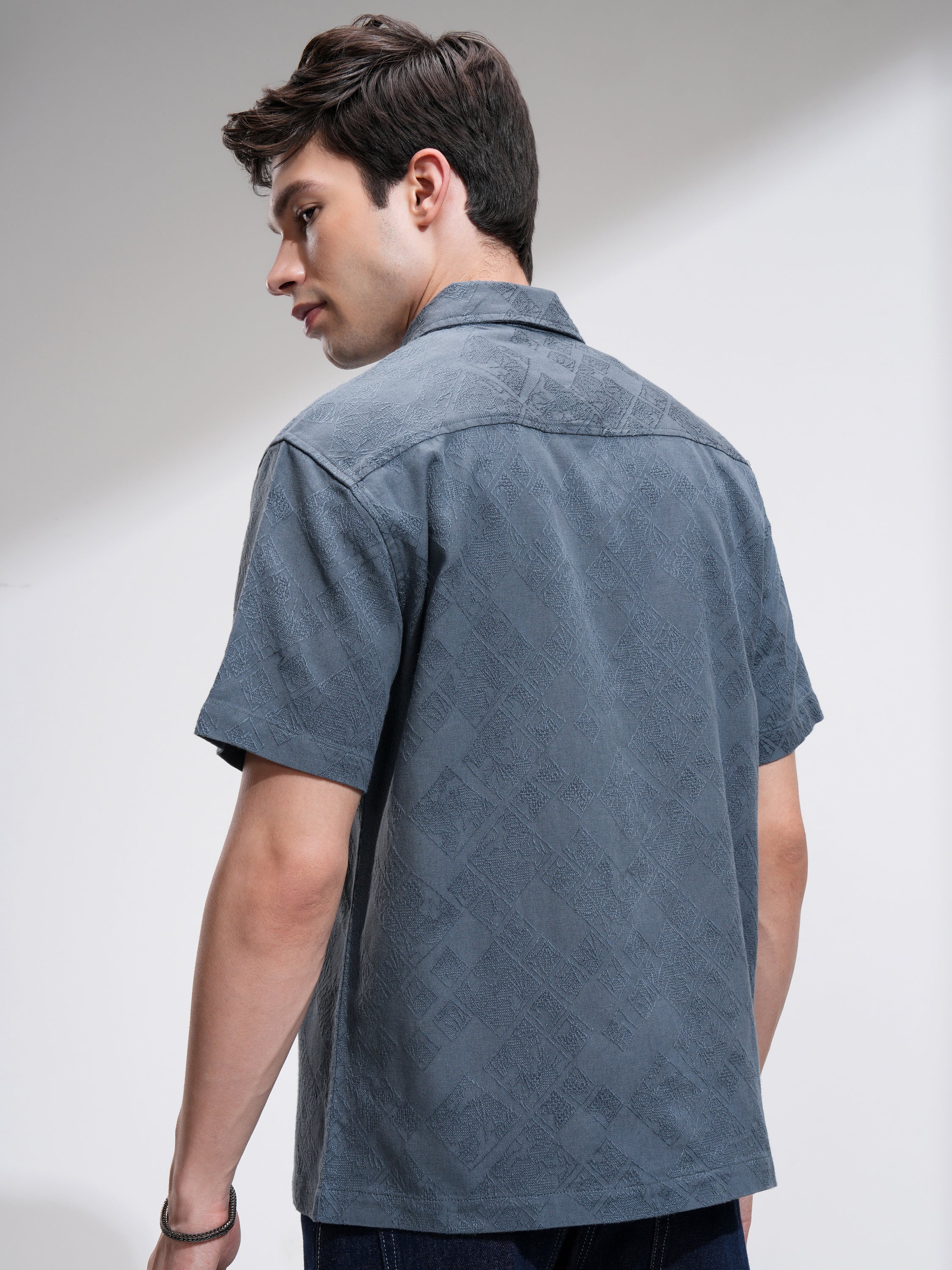 Highlander Men Blue Self Design Relaxed Fit Casual Shirt - Blue - Image 3