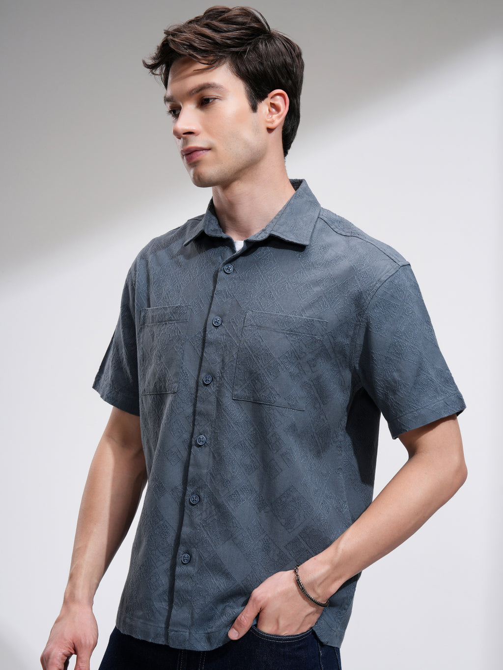 Highlander Men Blue Self Design Relaxed Fit Casual Shirt - Blue - Image 4