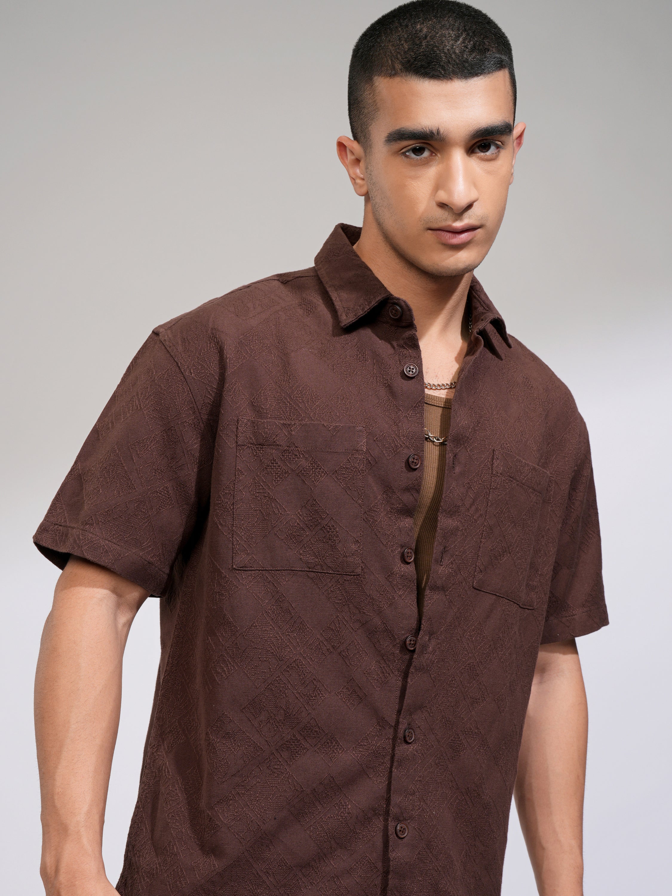 Highlander Men Brown Self Design Relaxed Fit Casual Shirt - Brown - Image 1