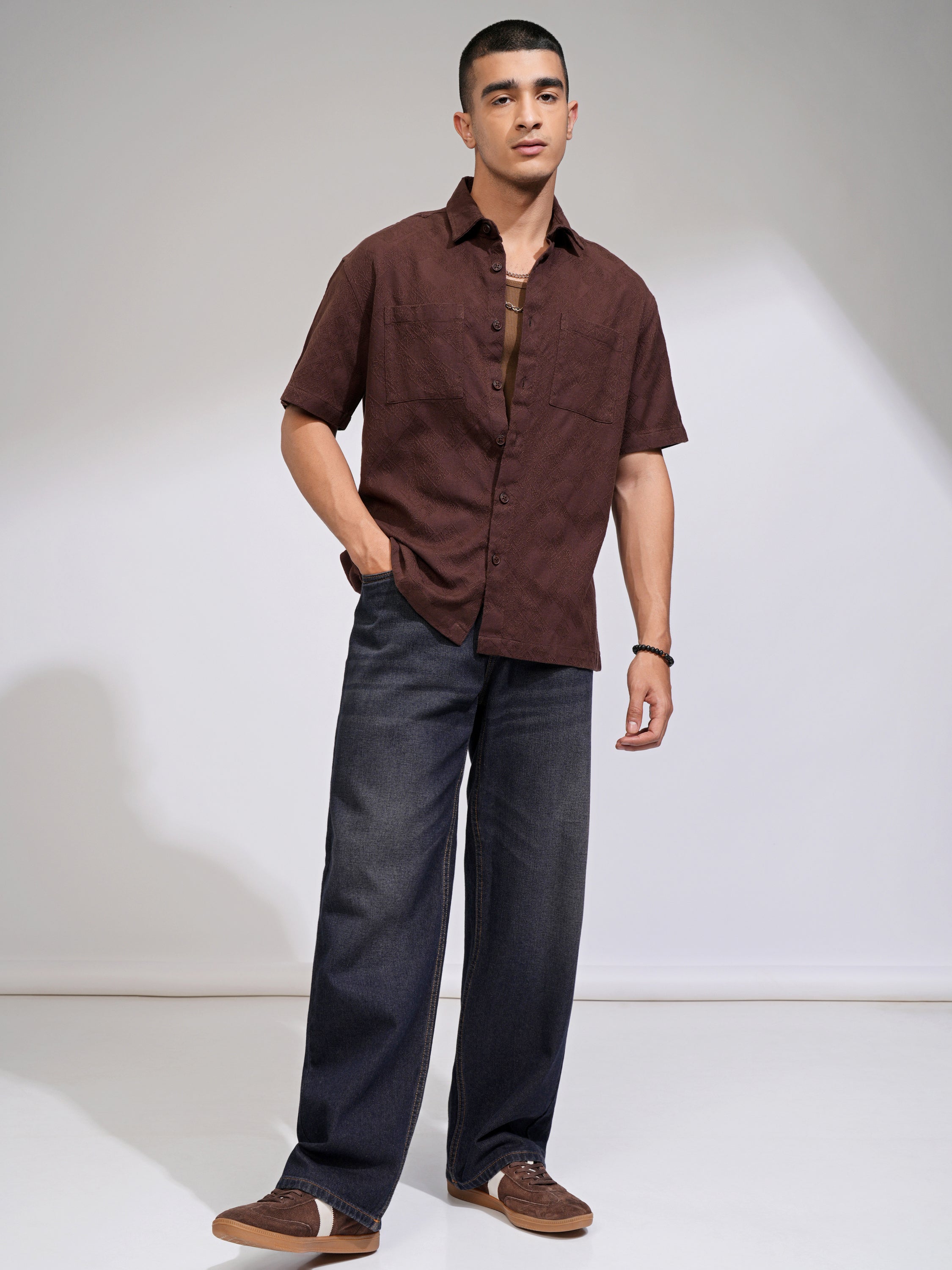 Highlander Men Brown Self Design Relaxed Fit Casual Shirt - Brown - Image 2