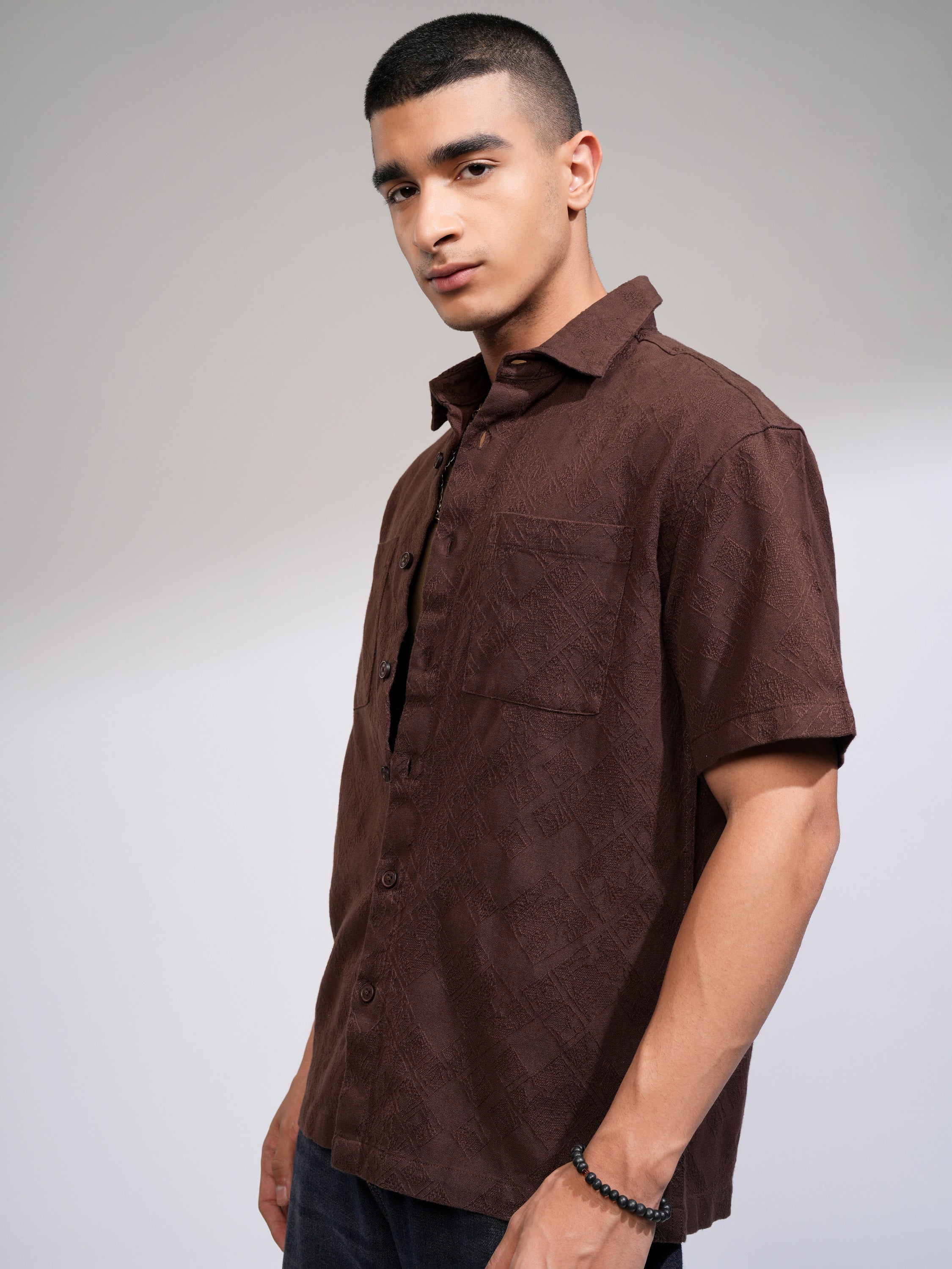 Highlander Men Brown Self Design Relaxed Fit Casual Shirt - Brown - Image 4