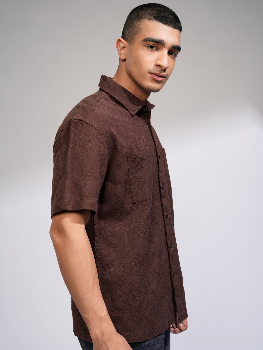 Highlander Men Brown Self Design Relaxed Fit Casual Shirt - Brown - Image 6