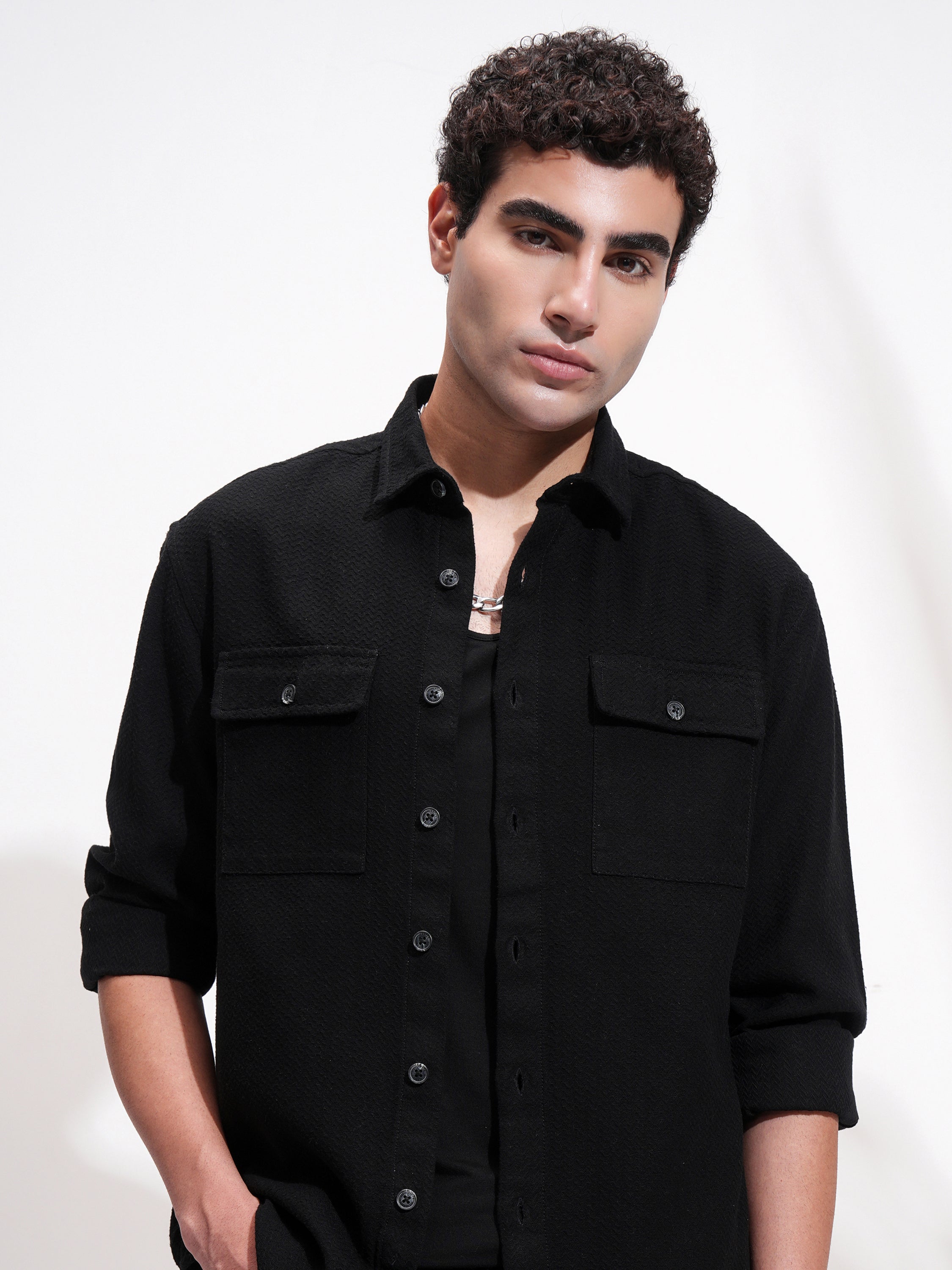 Highlander Men Black Self Design Relaxed Fit Casual Shirt - Black - Image 1
