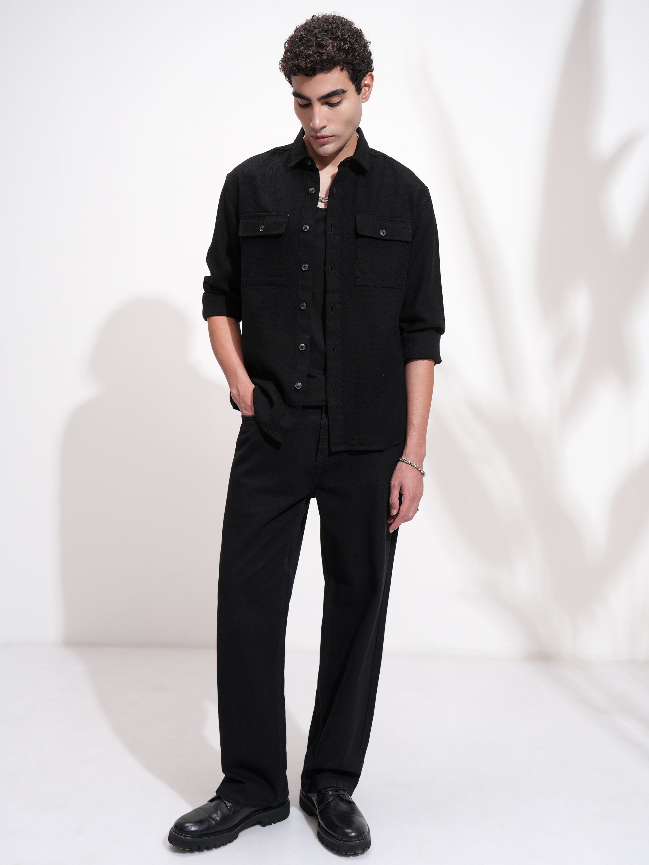 Highlander Men Black Self Design Relaxed Fit Casual Shirt - Black - Image 2
