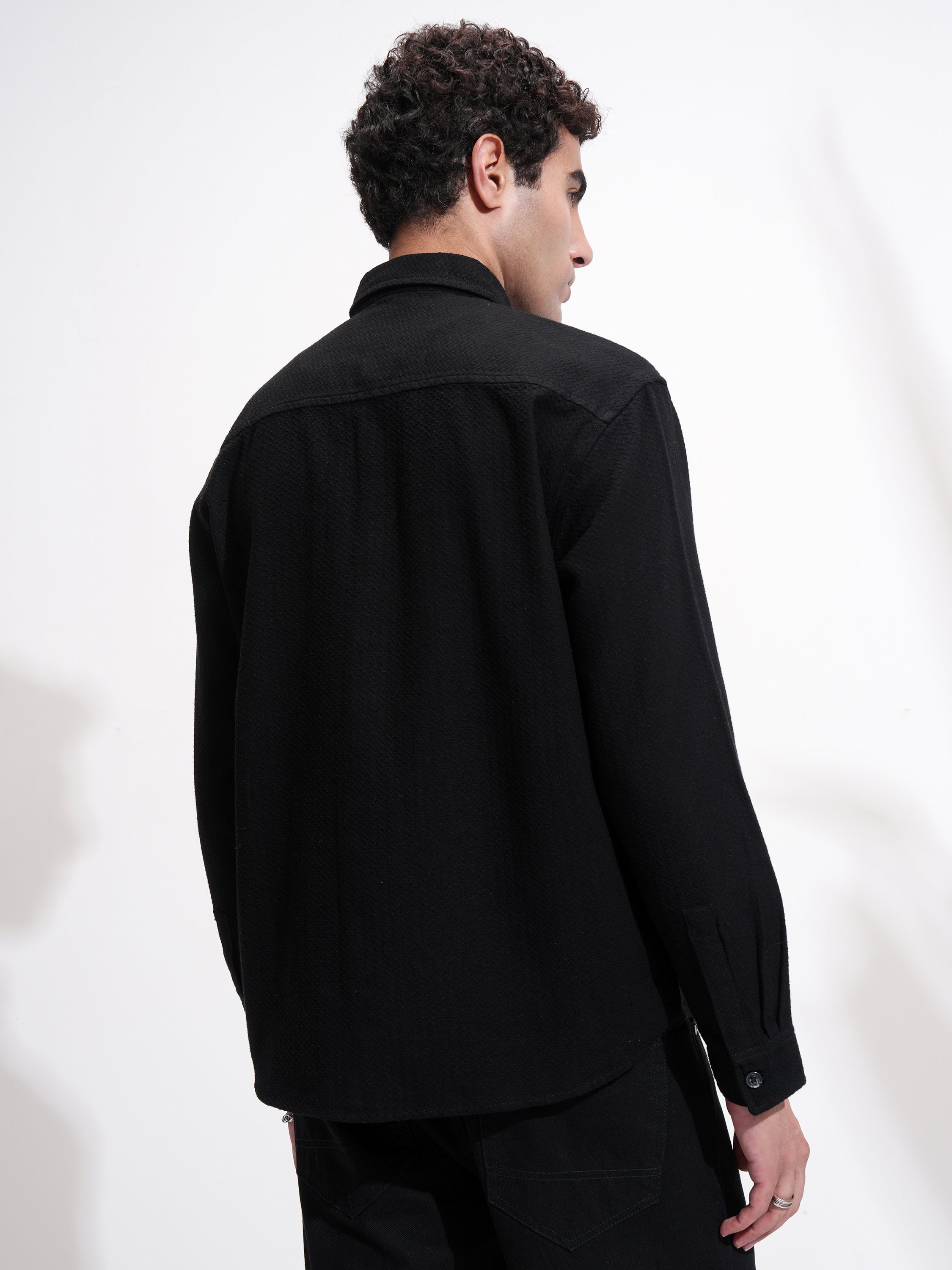 Highlander Men Black Self Design Relaxed Fit Casual Shirt - Black - Image 3
