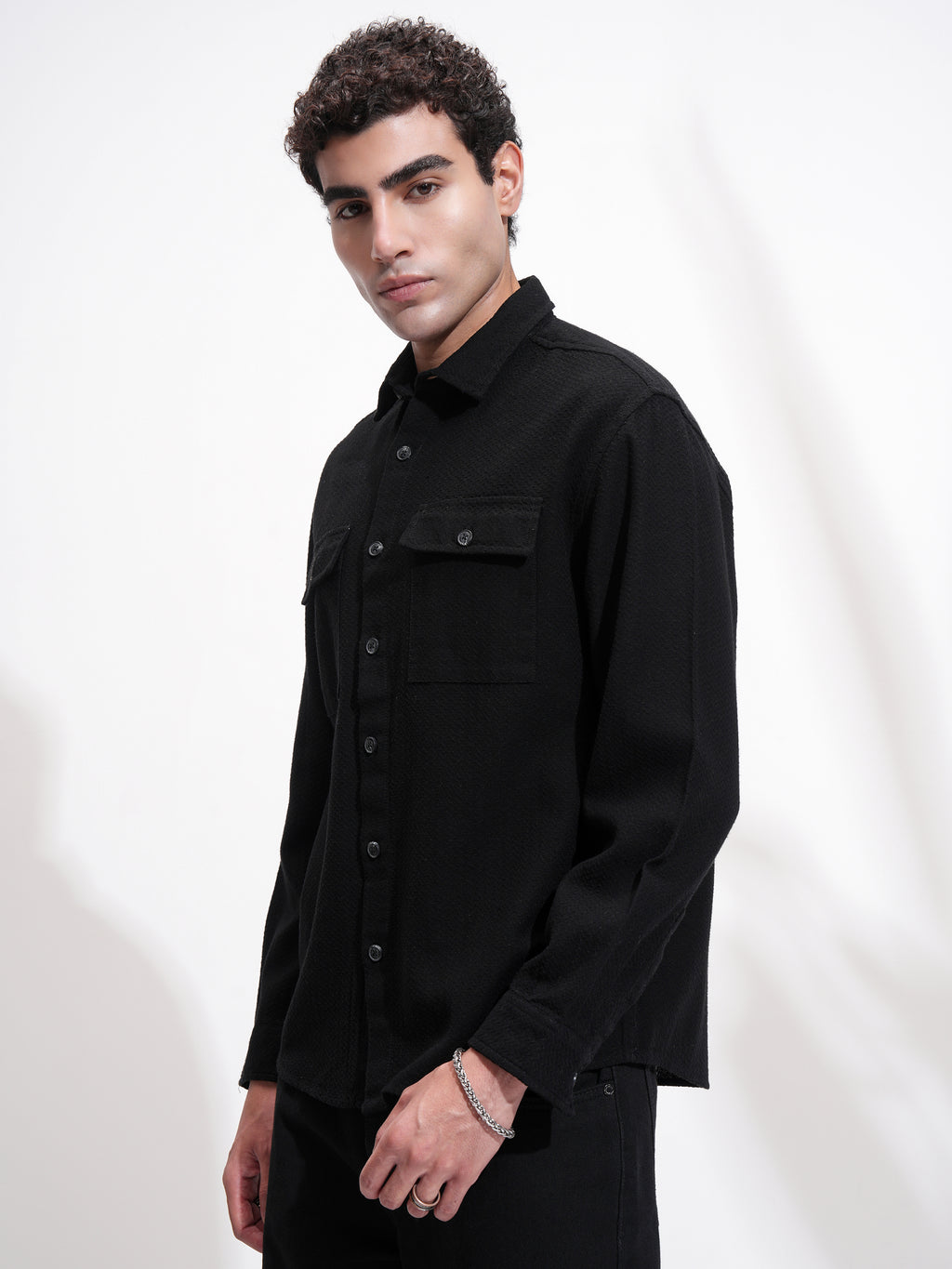 Highlander Men Black Self Design Relaxed Fit Casual Shirt - Black - Image 4