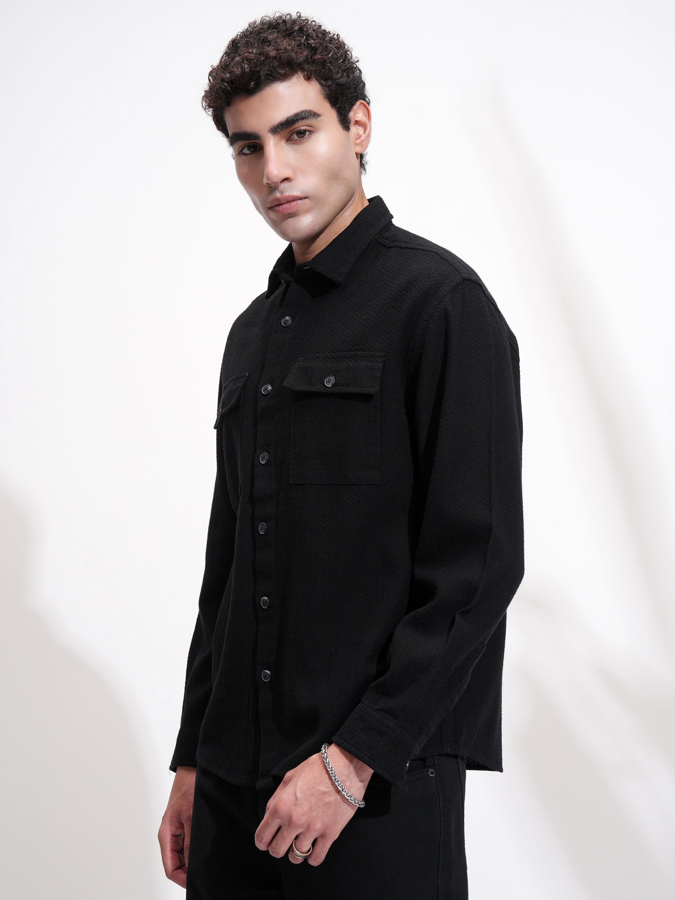 Highlander Men Black Self Design Relaxed Fit Casual Shirt - Black - Image 4