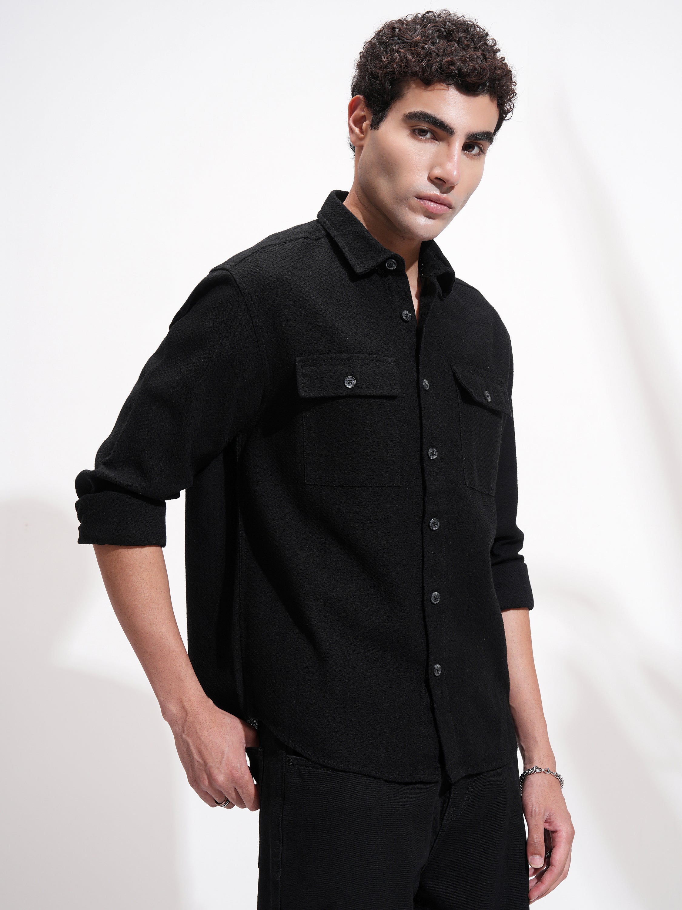 Highlander Men Black Self Design Relaxed Fit Casual Shirt - Black - Image 6