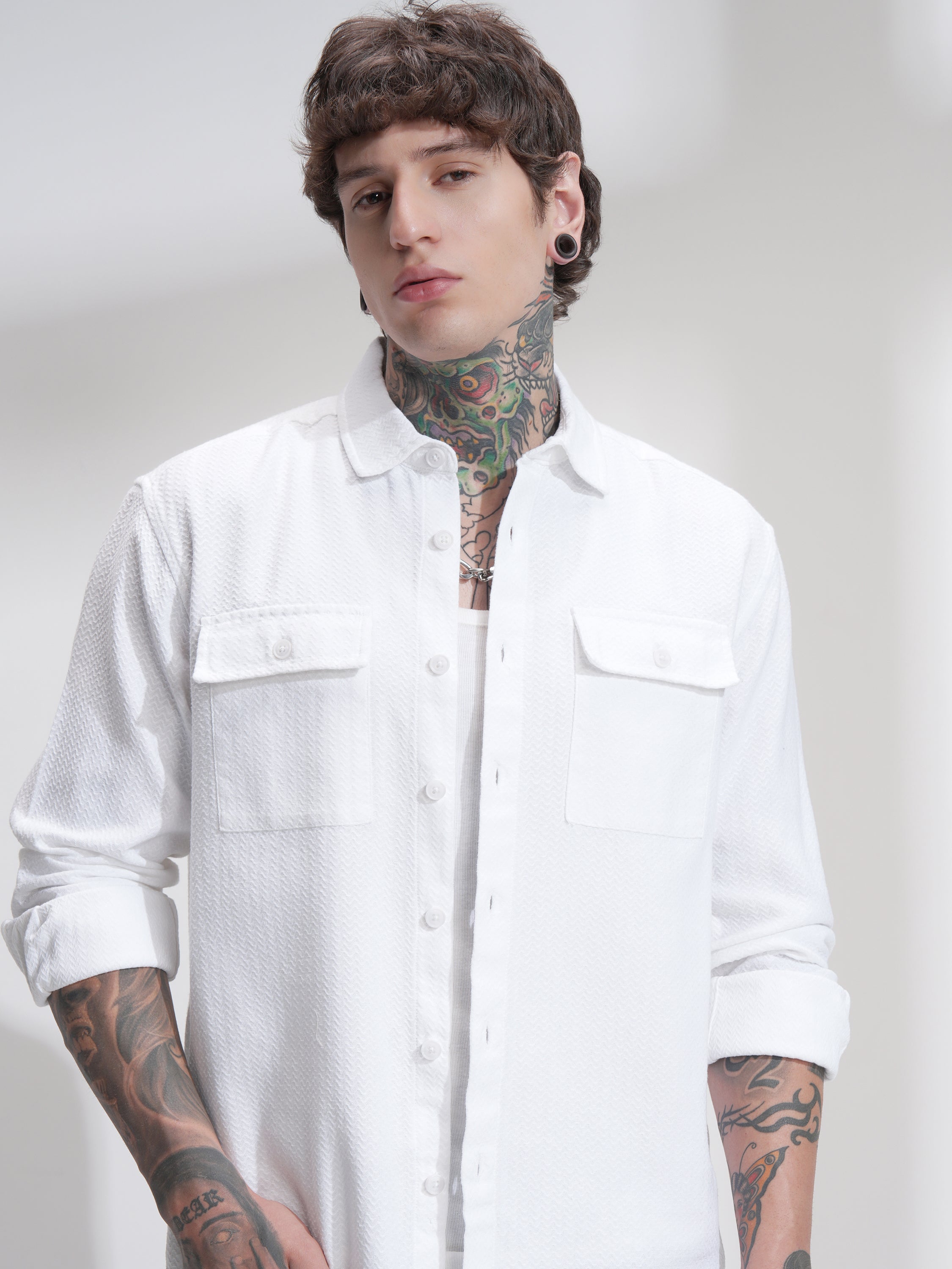Highlander Men White Self Design Relaxed Fit Casual Shirt - White - Image 1
