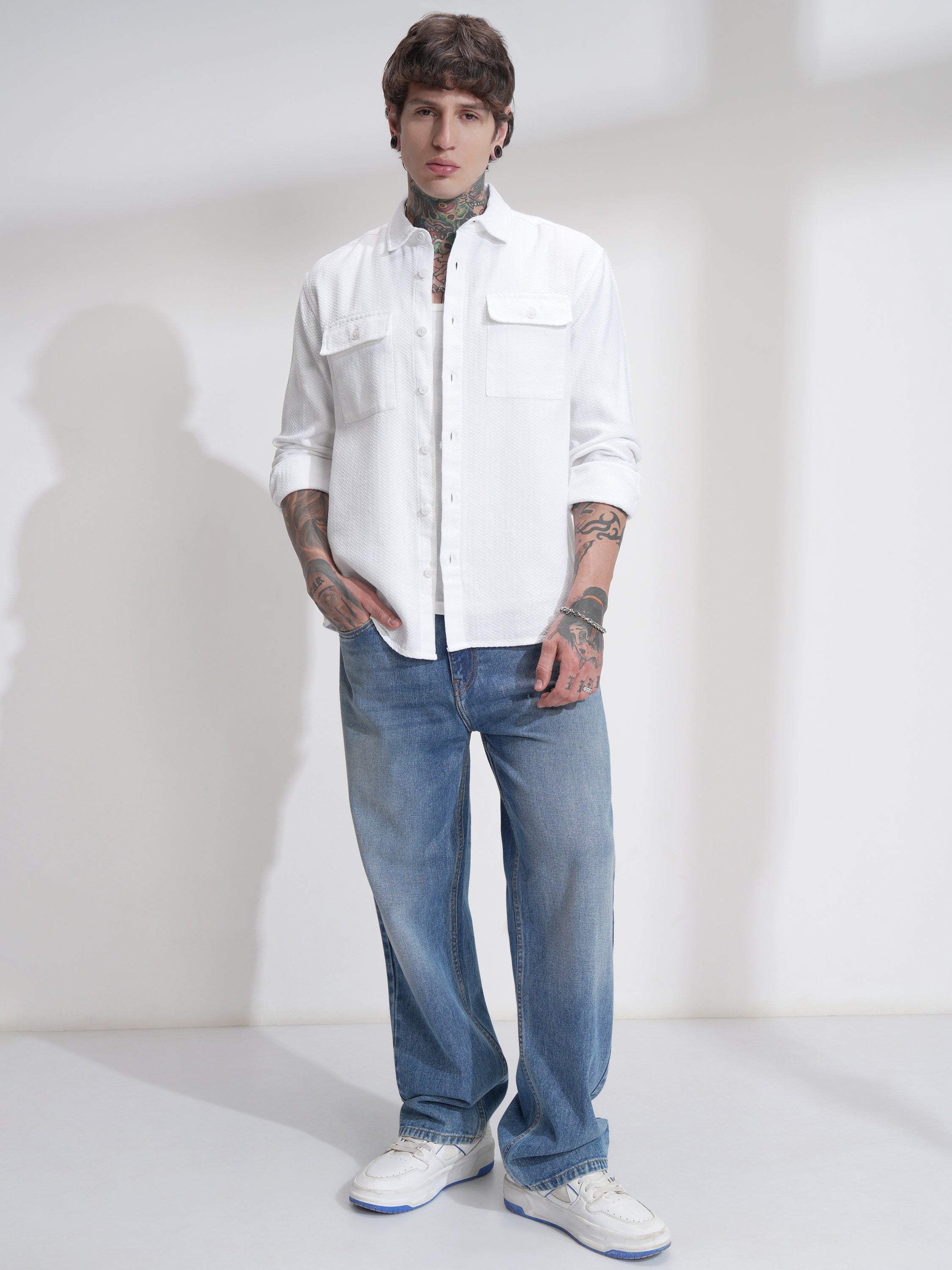 Highlander Men White Self Design Relaxed Fit Casual Shirt - White - Image 2