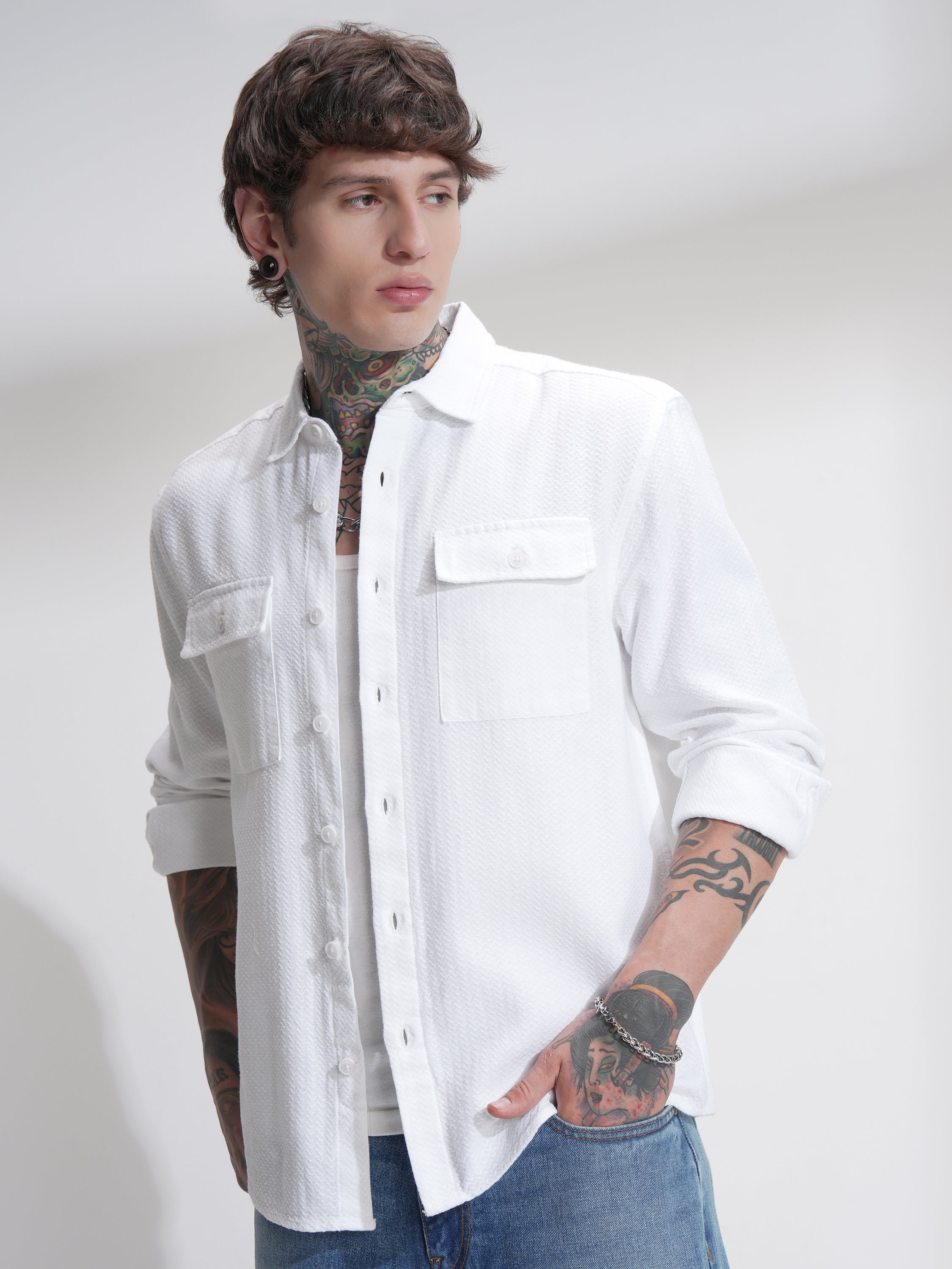 Highlander Men White Self Design Relaxed Fit Casual Shirt - White - Image 4