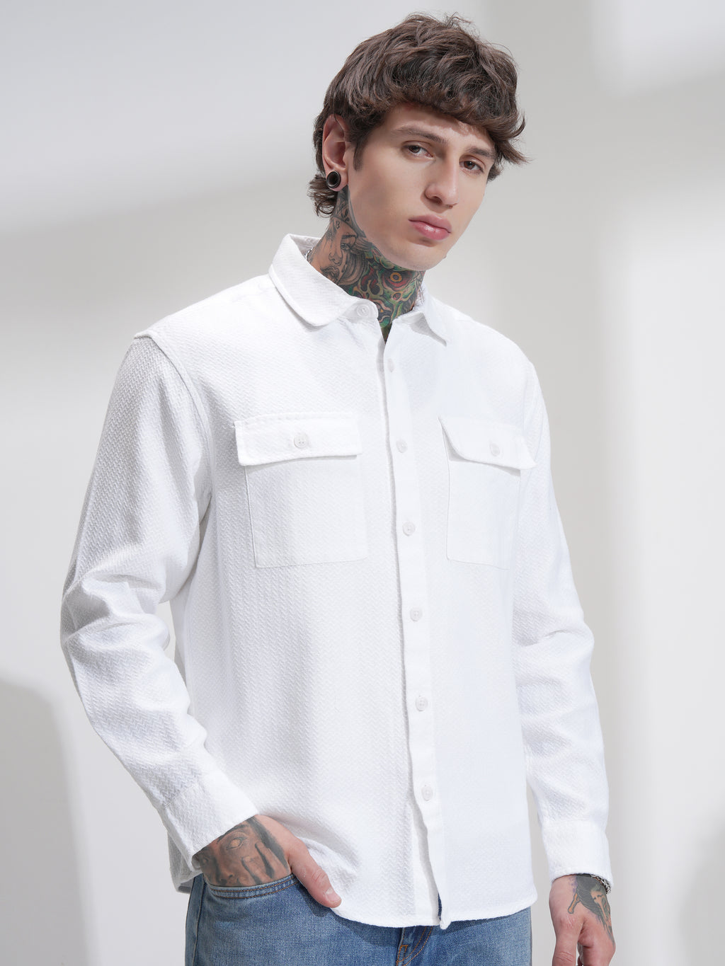 Highlander Men White Self Design Relaxed Fit Casual Shirt - White - Image 6