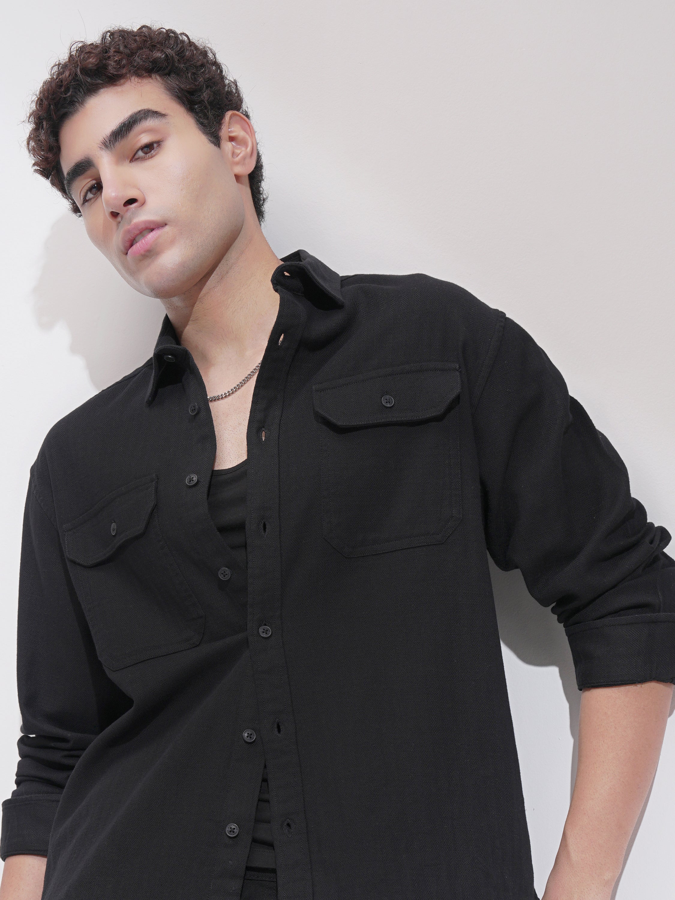 Highlander Men Black Self Design Relaxed Fit Casual Shirt - Black - Image 1