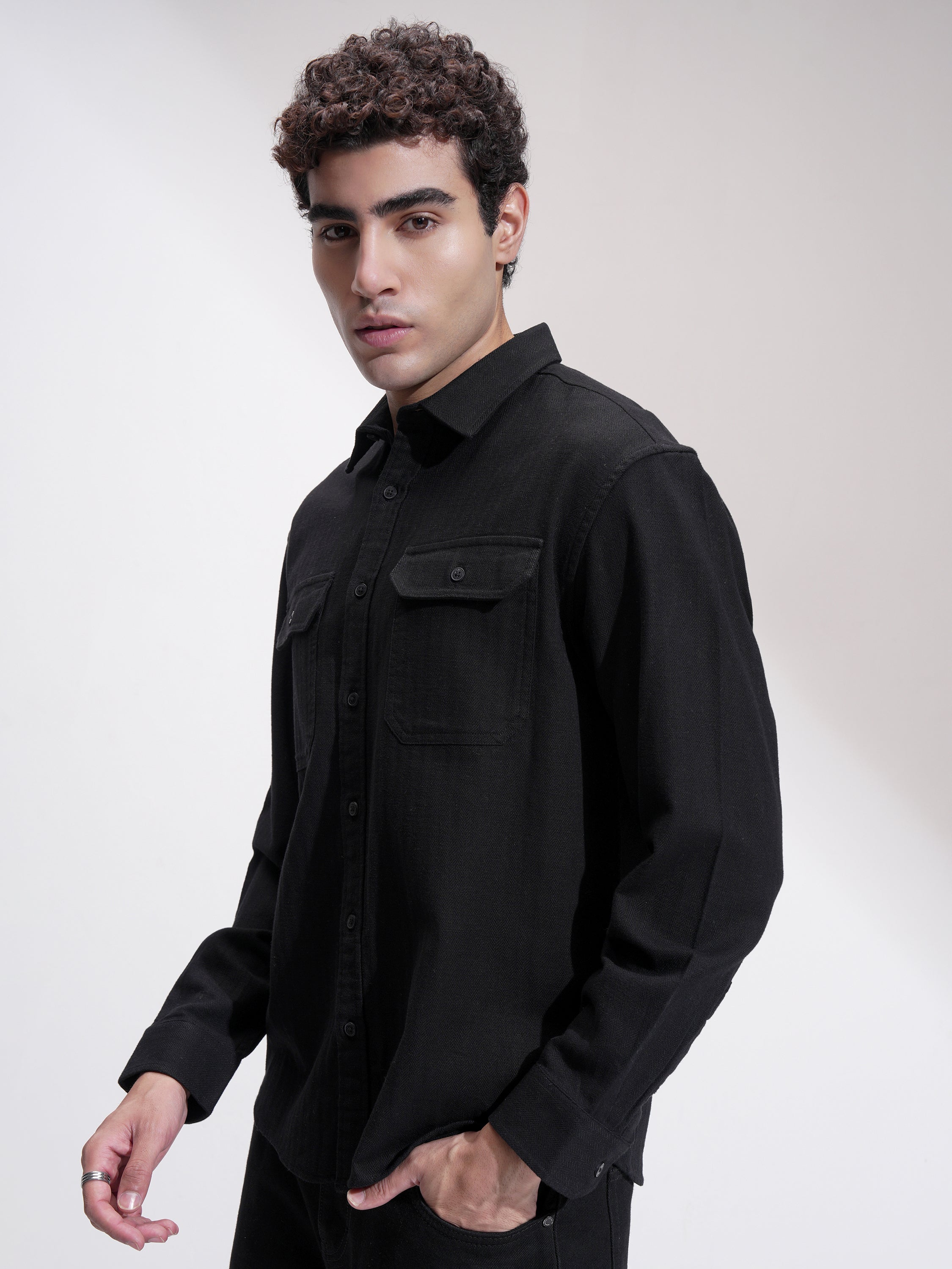 Highlander Men Black Self Design Relaxed Fit Casual Shirt - Black - Image 4