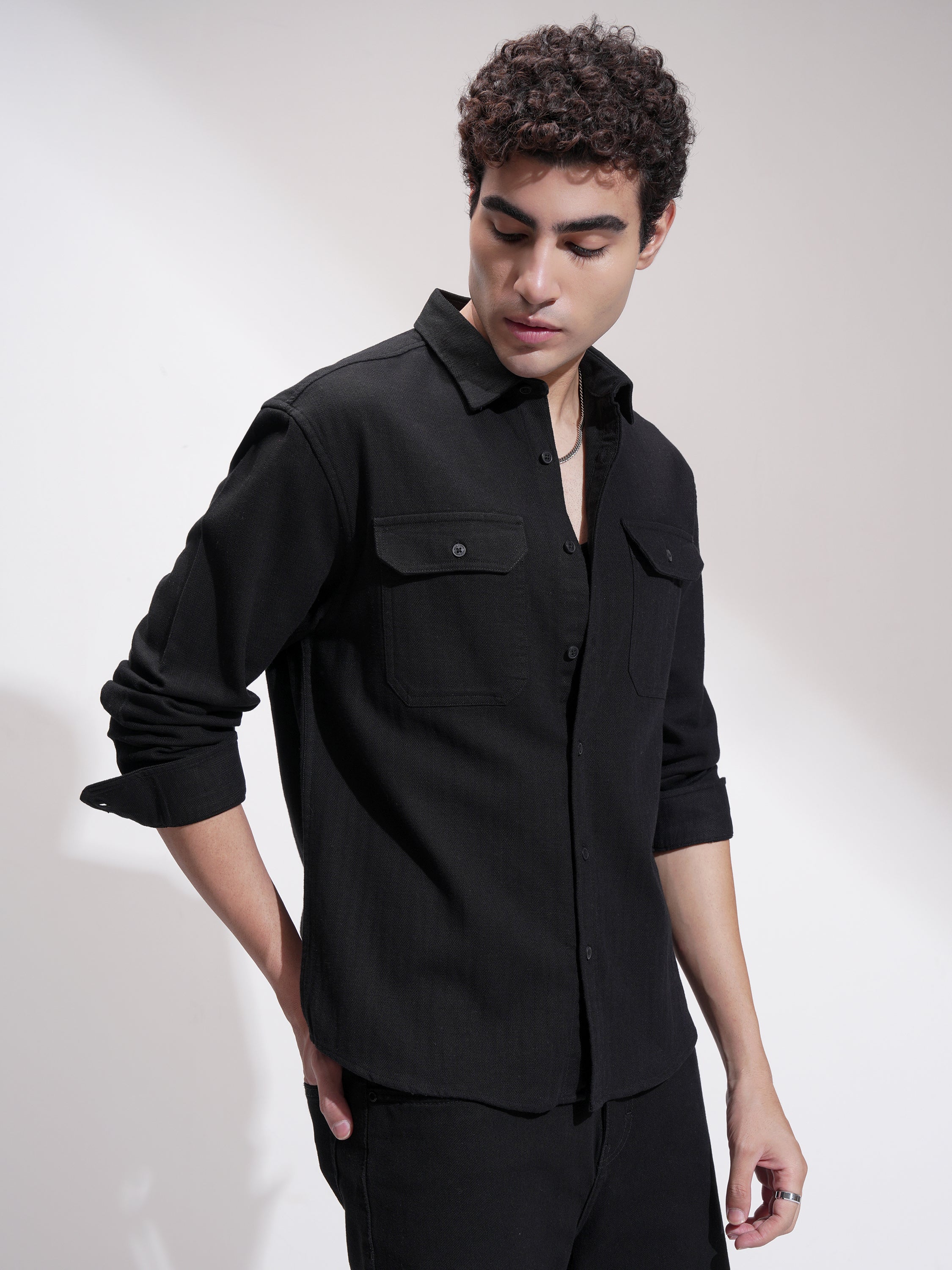 Highlander Men Black Self Design Relaxed Fit Casual Shirt - Black - Image 6