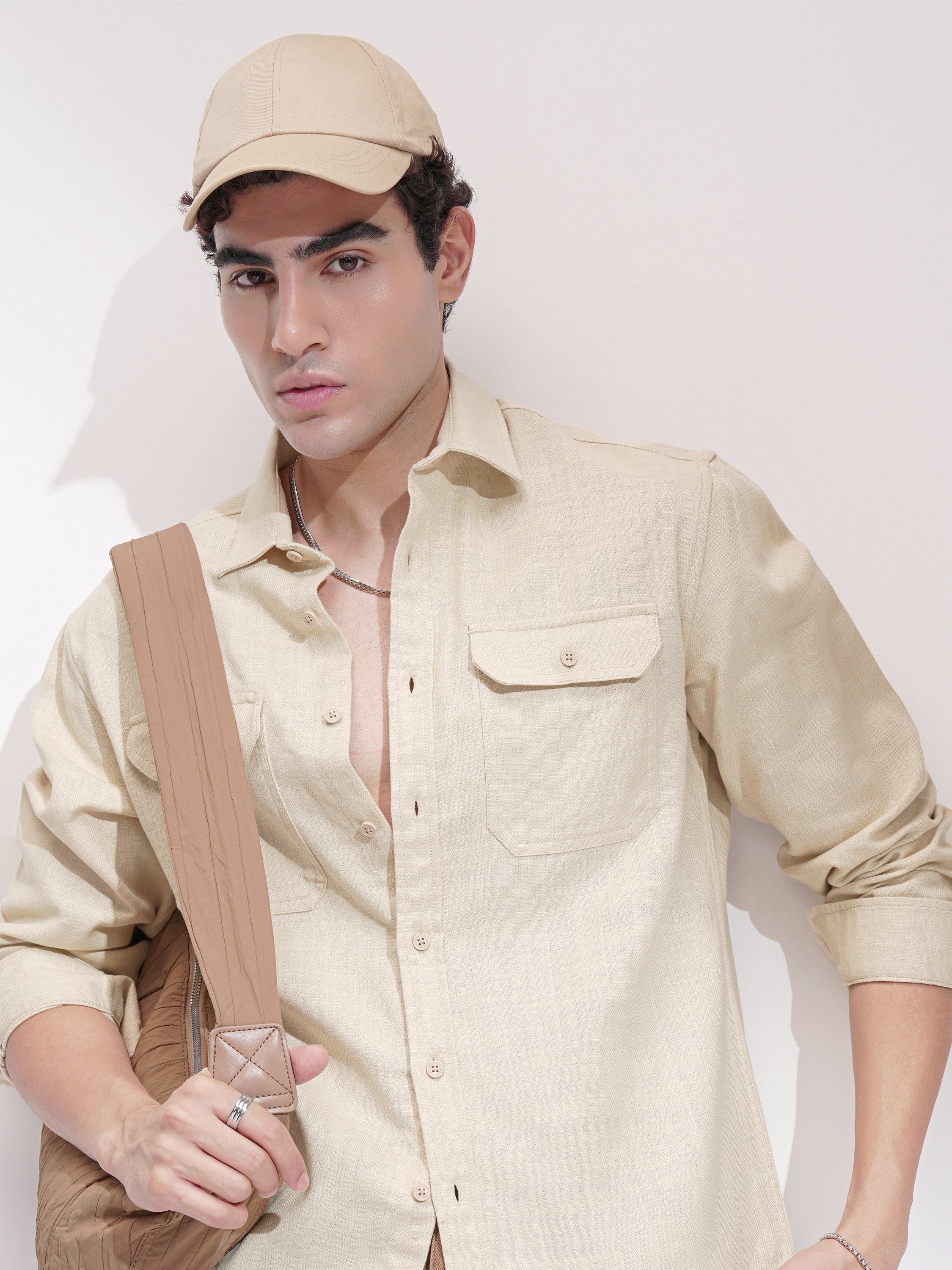 Highlander Men Cream Self Design Relaxed Fit Casual Shirt - Cream - Image 1