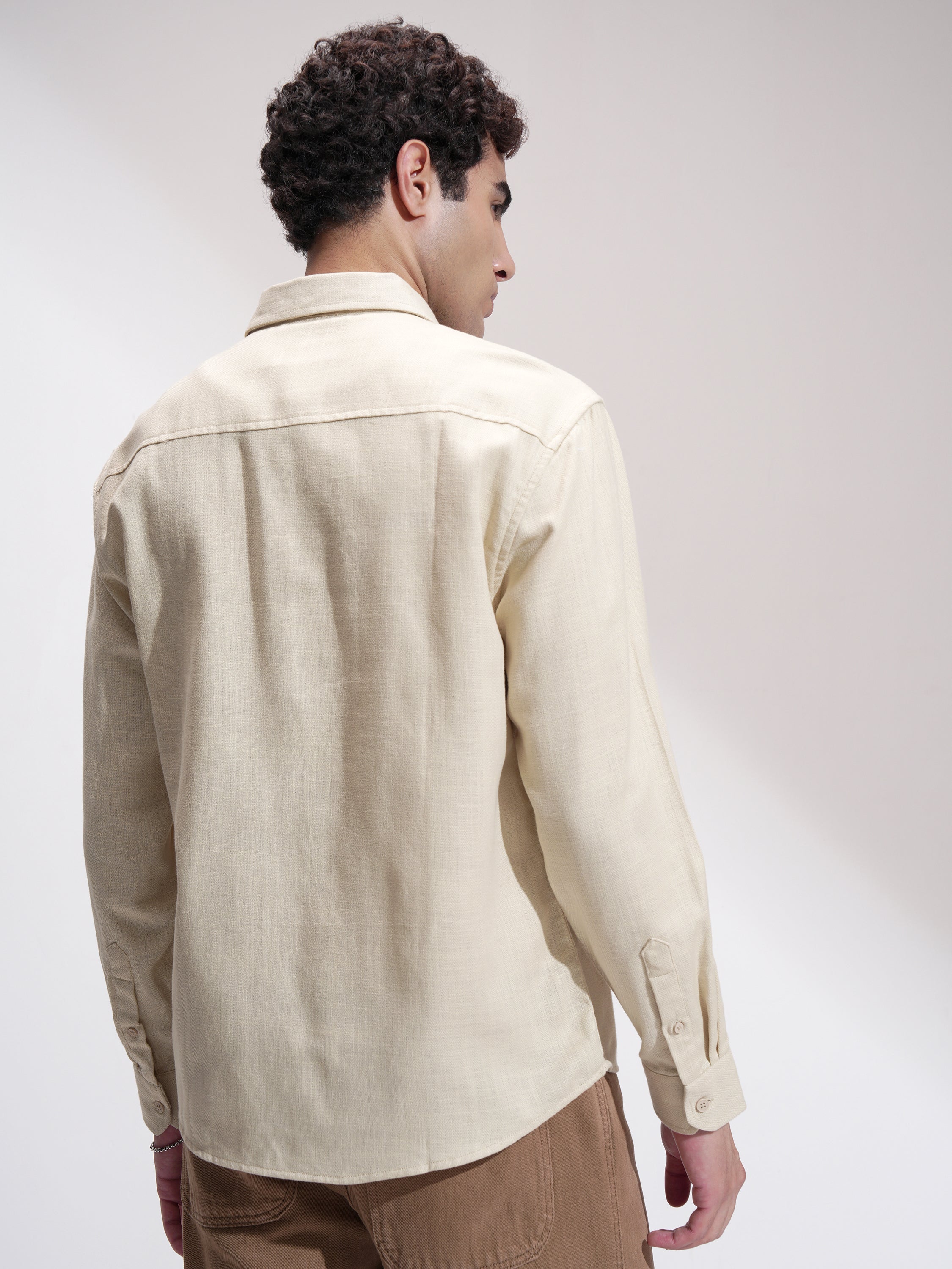 Highlander Men Cream Self Design Relaxed Fit Casual Shirt - Cream - Image 3