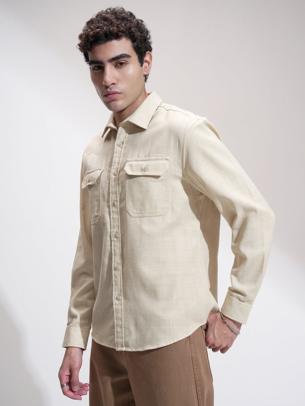 Highlander Men Cream Self Design Relaxed Fit Casual Shirt - Cream - Image 4