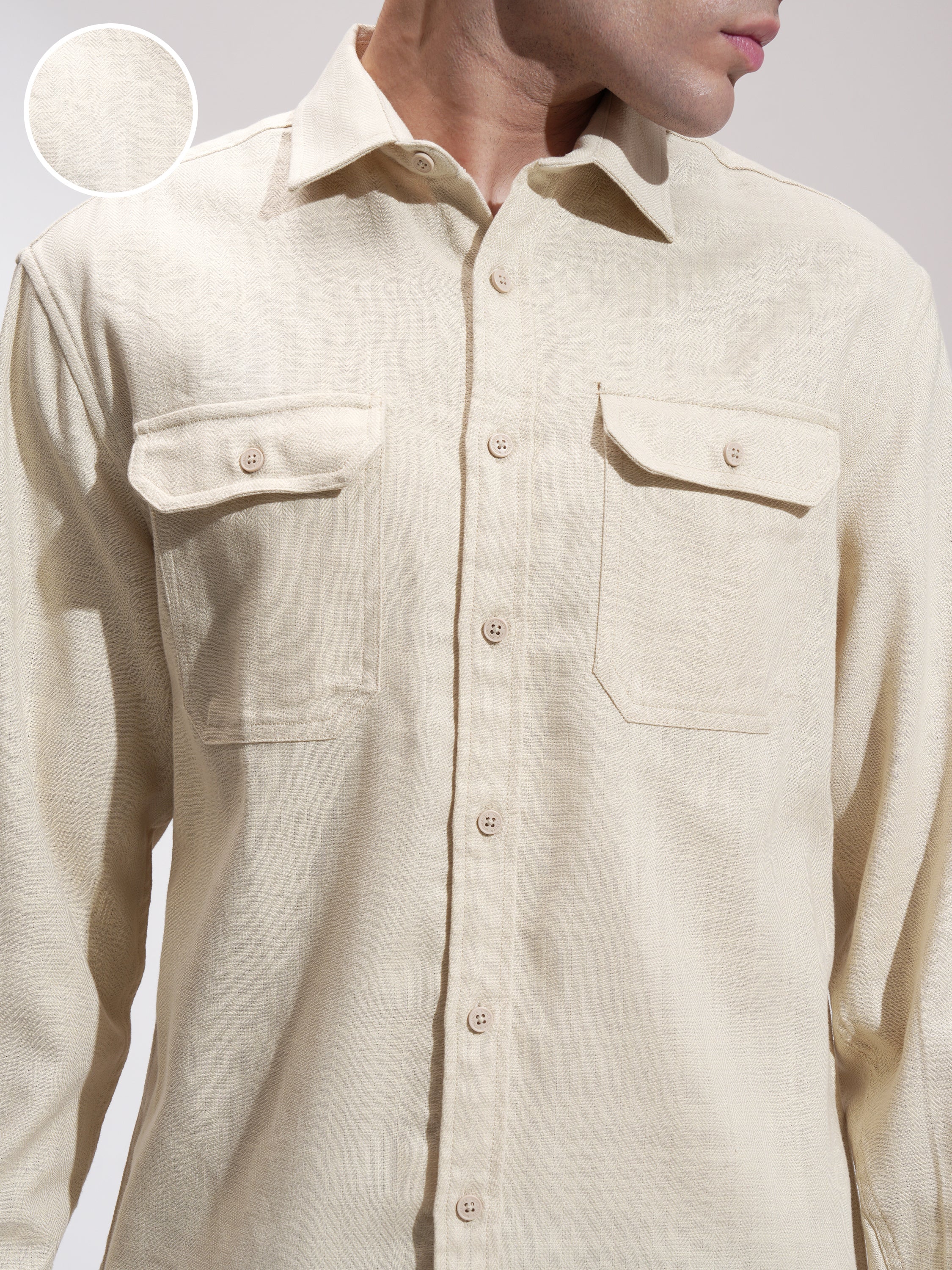 Highlander Men Cream Self Design Relaxed Fit Casual Shirt - Cream - Image 5