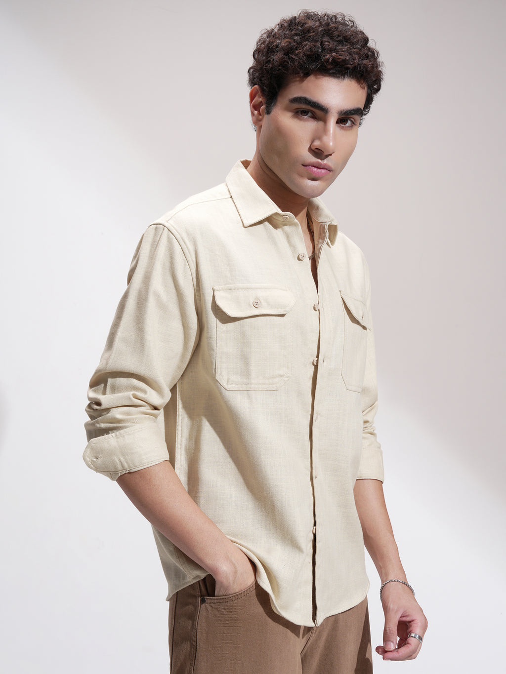 Highlander Men Cream Self Design Relaxed Fit Casual Shirt - Cream - Image 6