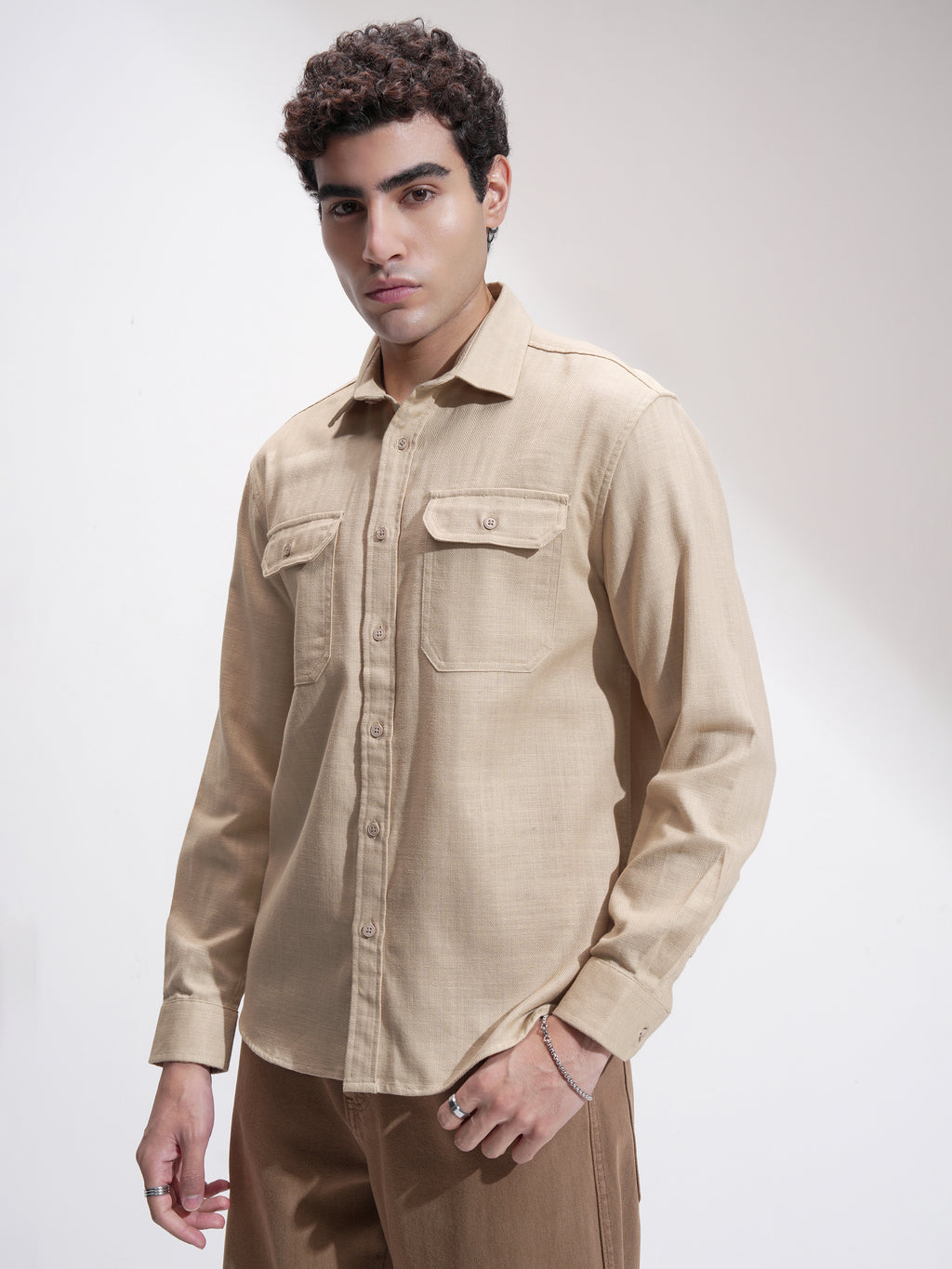 Highlander Men Beige Self Design Relaxed Fit Casual Shirt - Beige - Image 4
