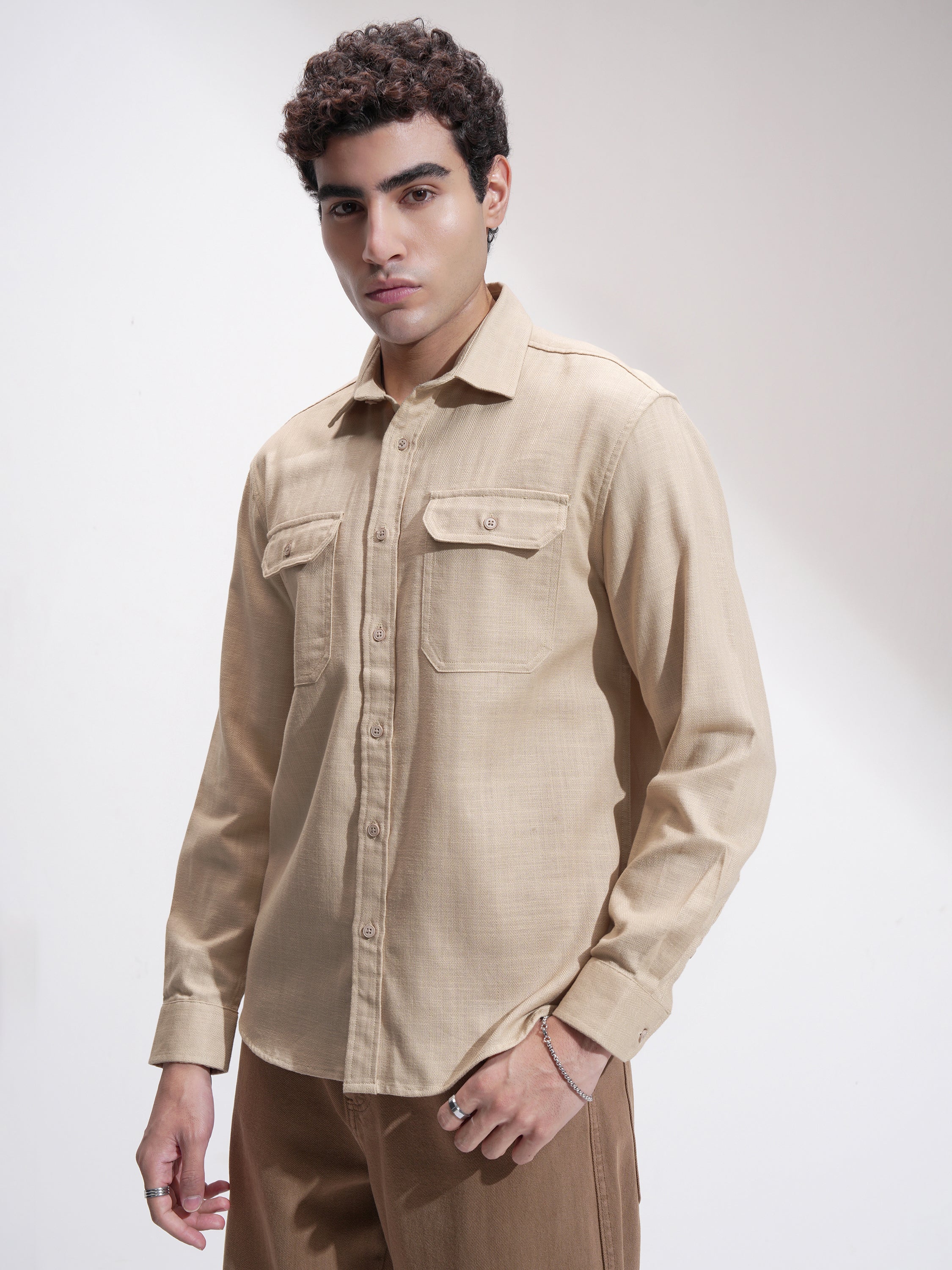 Highlander Men Beige Self Design Relaxed Fit Casual Shirt - Beige - Image 4