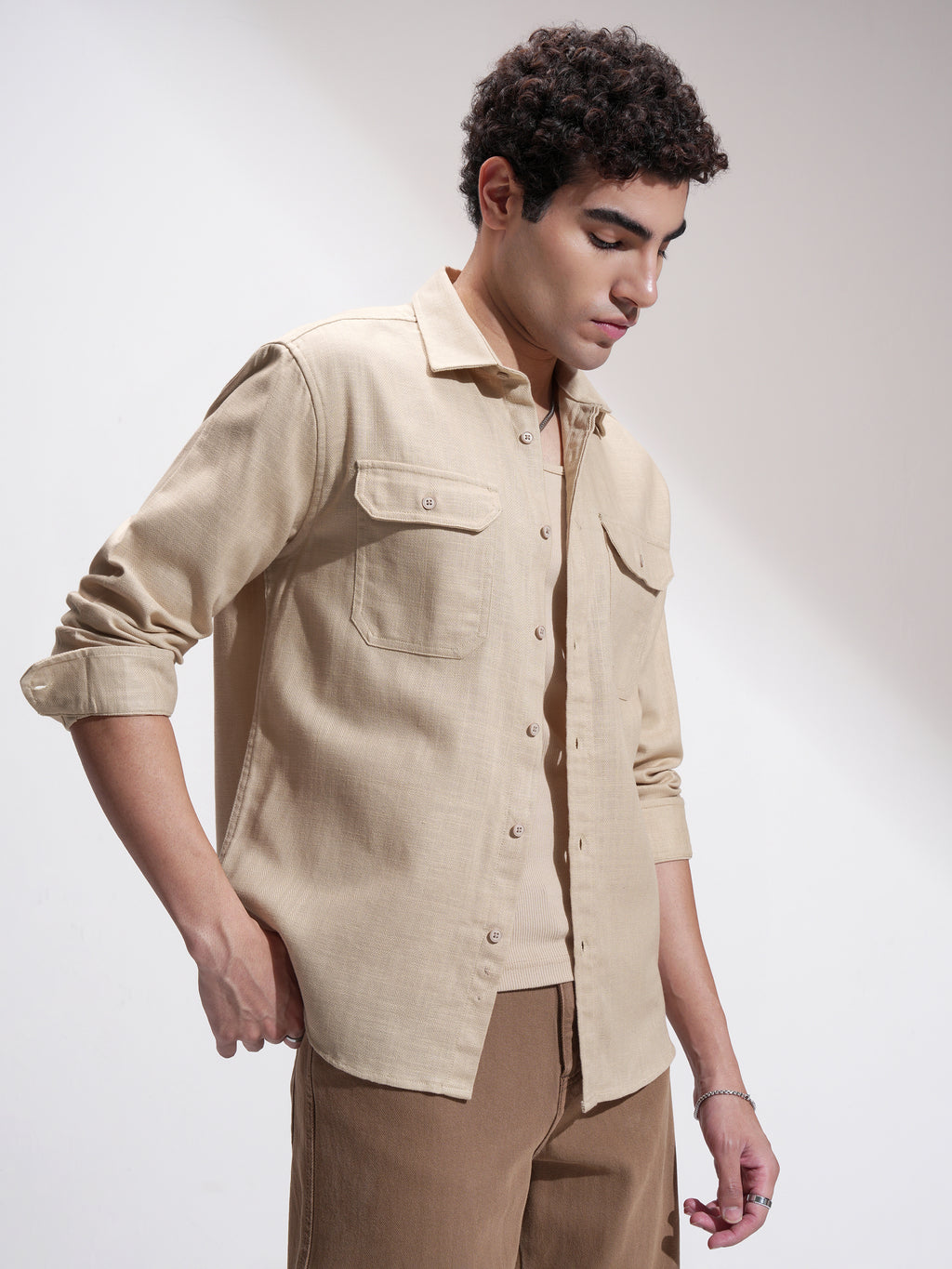 Highlander Men Beige Self Design Relaxed Fit Casual Shirt - Beige - Image 6