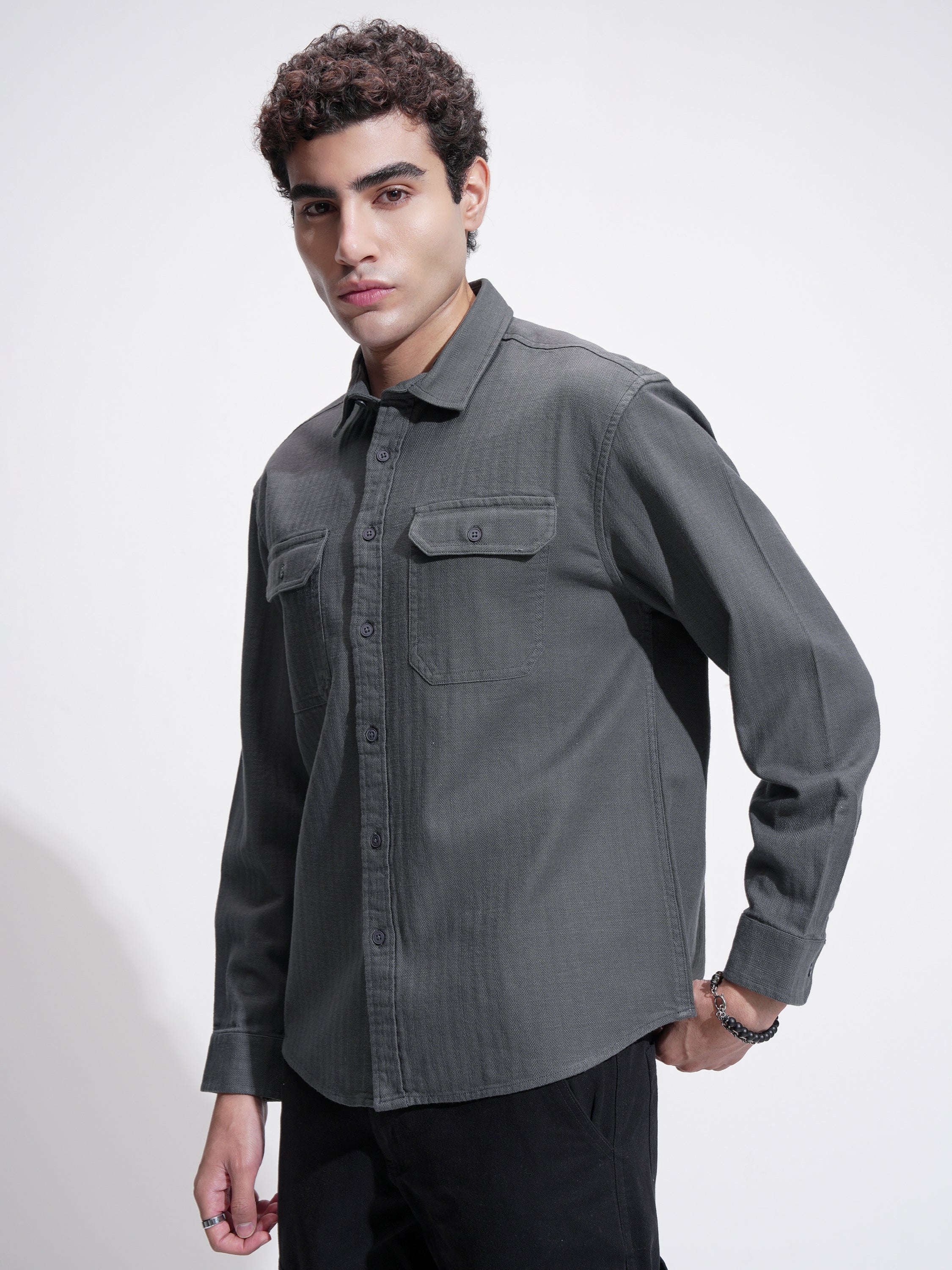 Highlander Men Grey Self Design Relaxed Fit Casual Shirt - Grey - Image 4