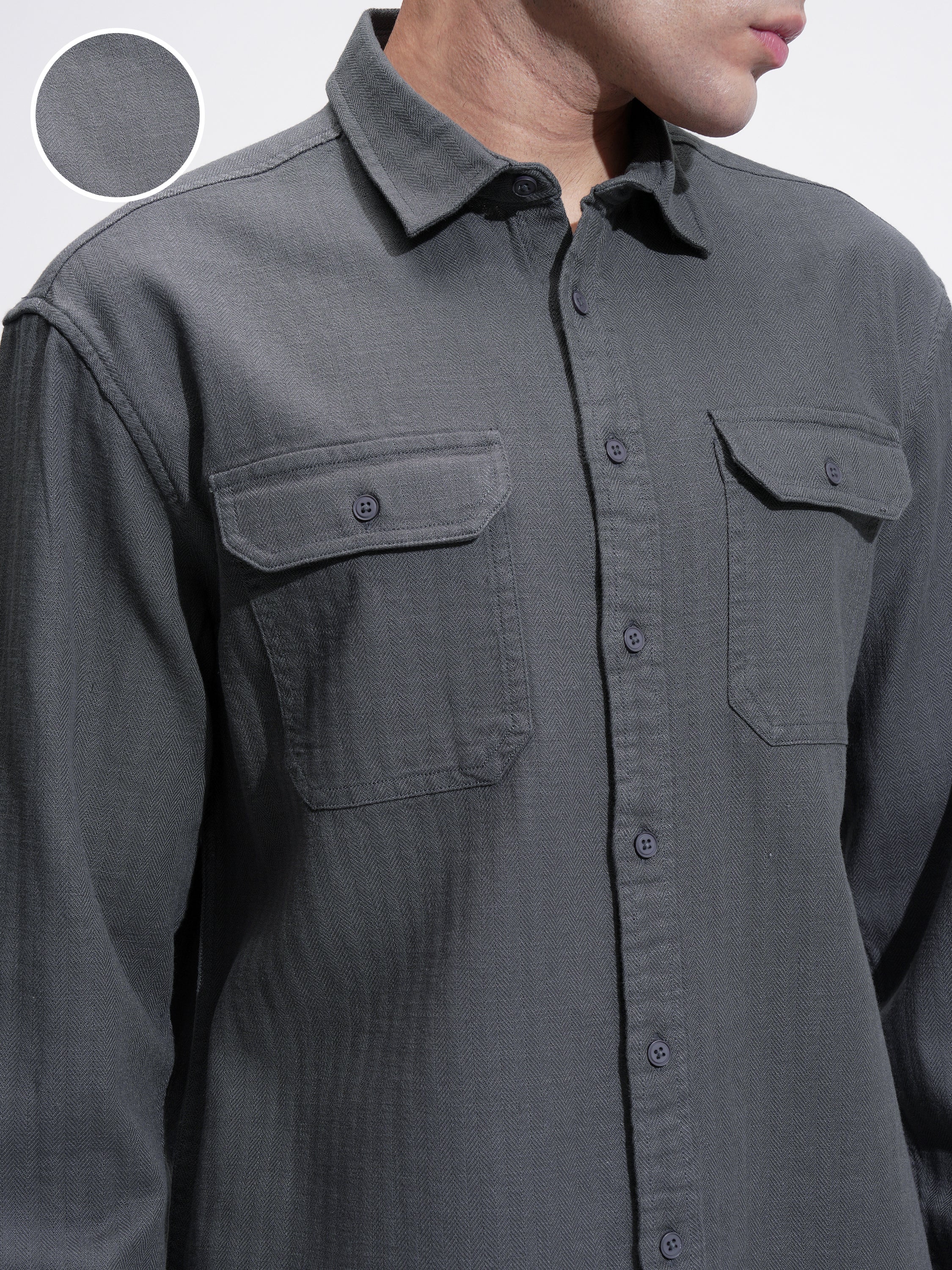 Highlander Men Grey Self Design Relaxed Fit Casual Shirt - Grey - Image 5