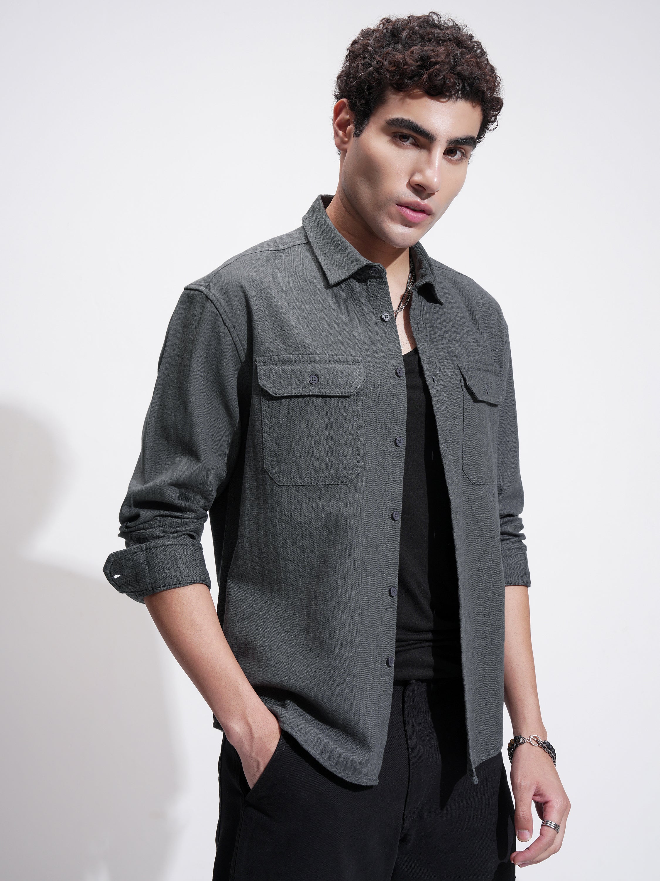 Highlander Men Grey Self Design Relaxed Fit Casual Shirt - Grey - Image 6