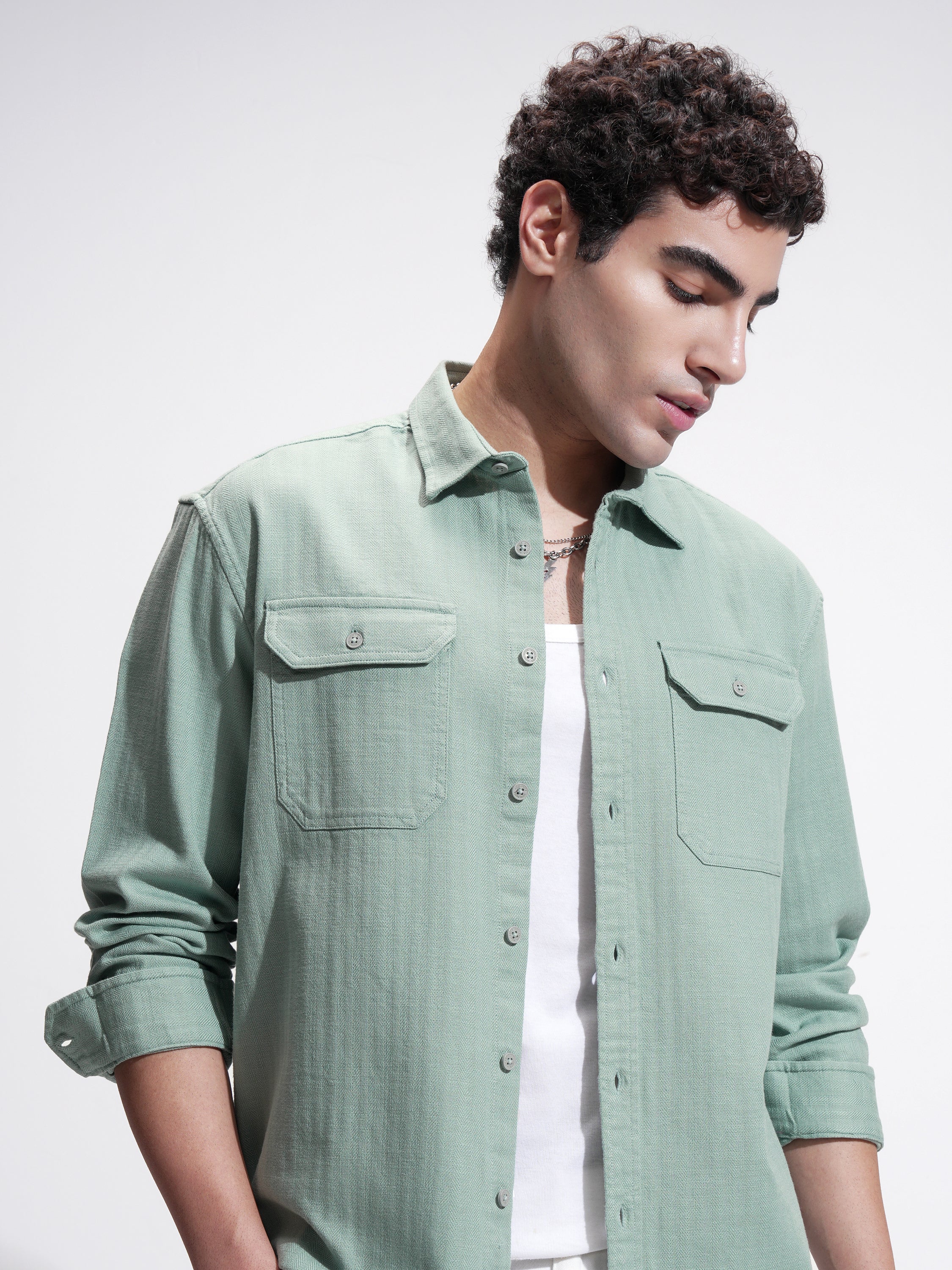 Highlander Men Green Self Design Relaxed Fit Casual Shirt - Green - Image 1